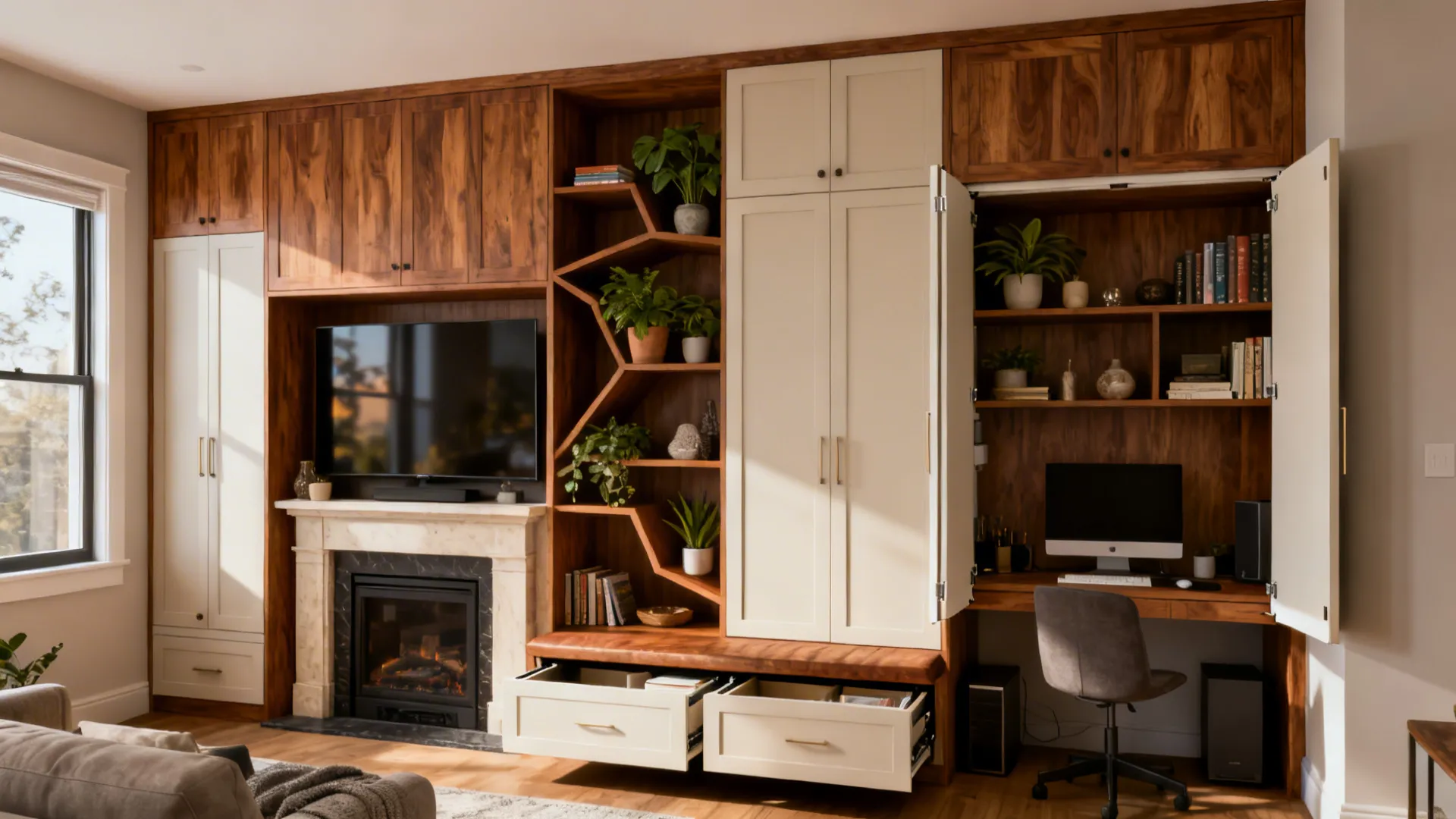 Wooden wall cabinet featuring a fireplace, television, open shelves with plants, and hidden home office