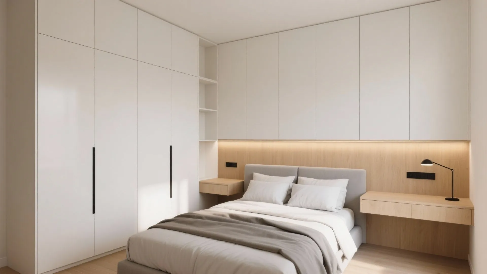 1) Wall-to-wall built-ins at shallow depth