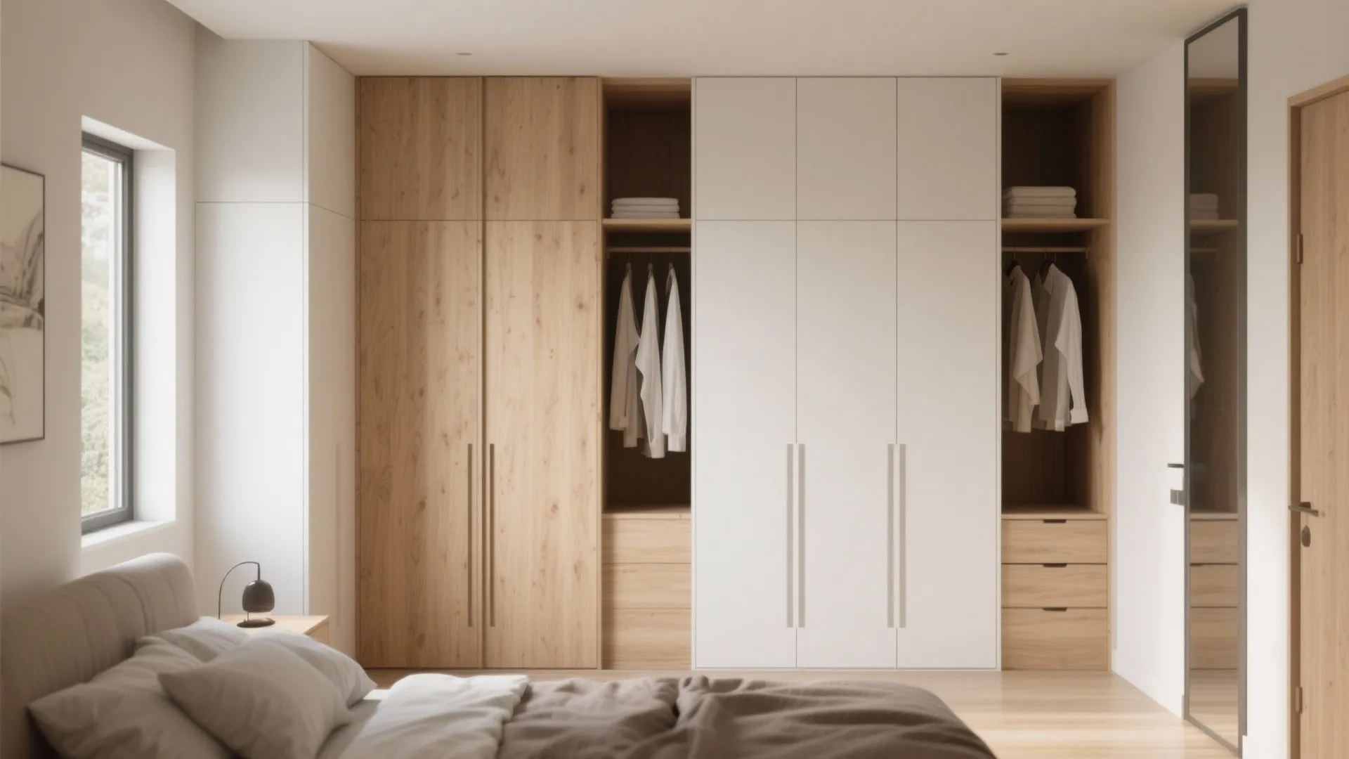Large bedroom wall cabinet with white and wood panels, hanging clothes, and integrated storage drawers