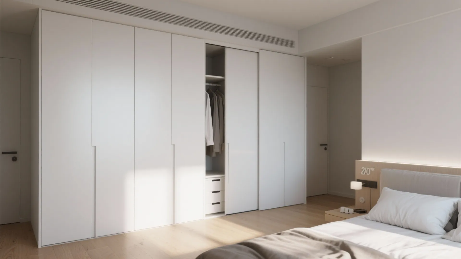 Large white built-in cabinet in a modern bedroom showing open door with hanging clothes drawers