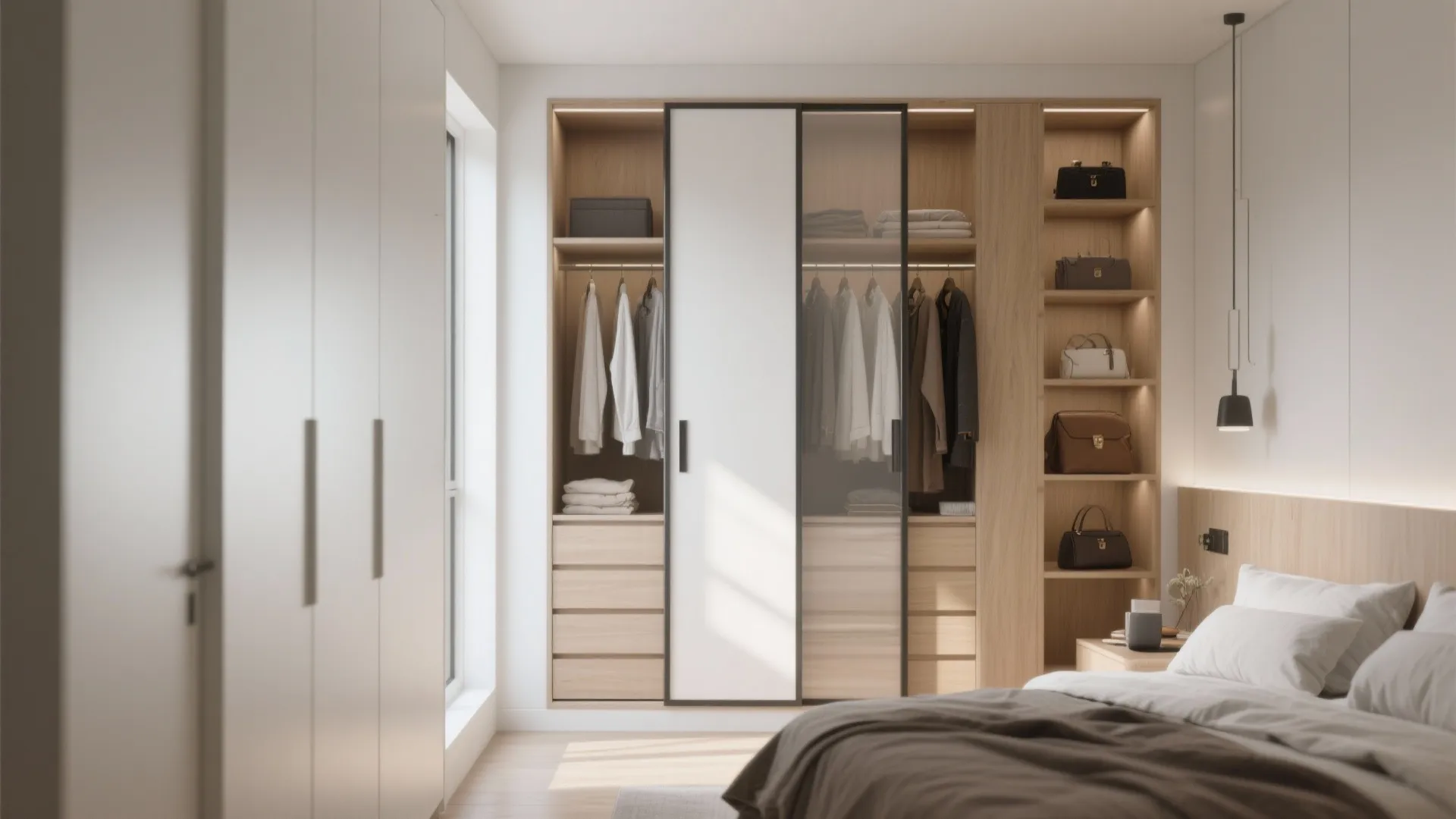Modern built in wooden wardrobe with glass sliding doors clothes hanging and bags on shelves