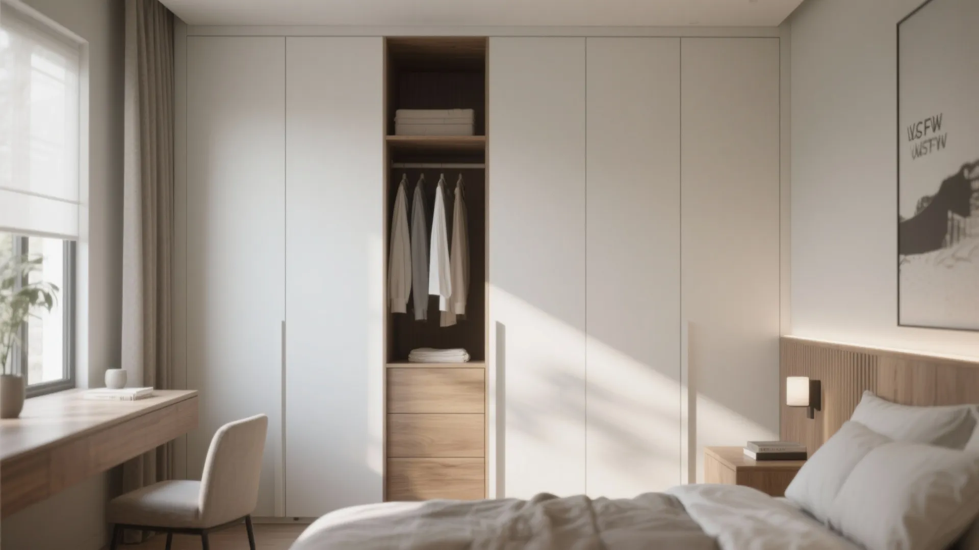 White built-in wardrobe with open wooden section for hanging clothes drawers next to study desk