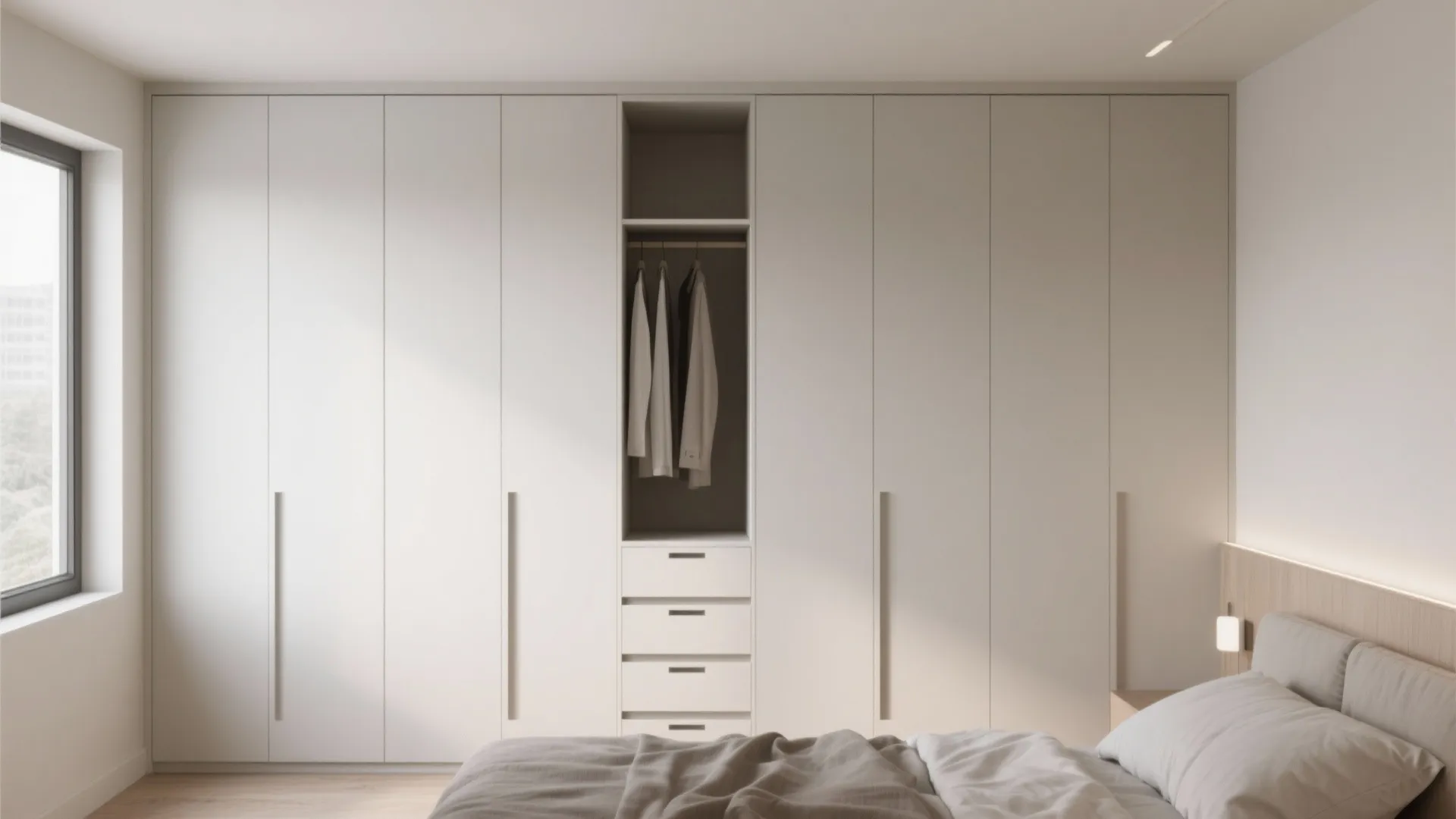 Modern white built in cabinet with long handles and open section for hanging clothes and drawers