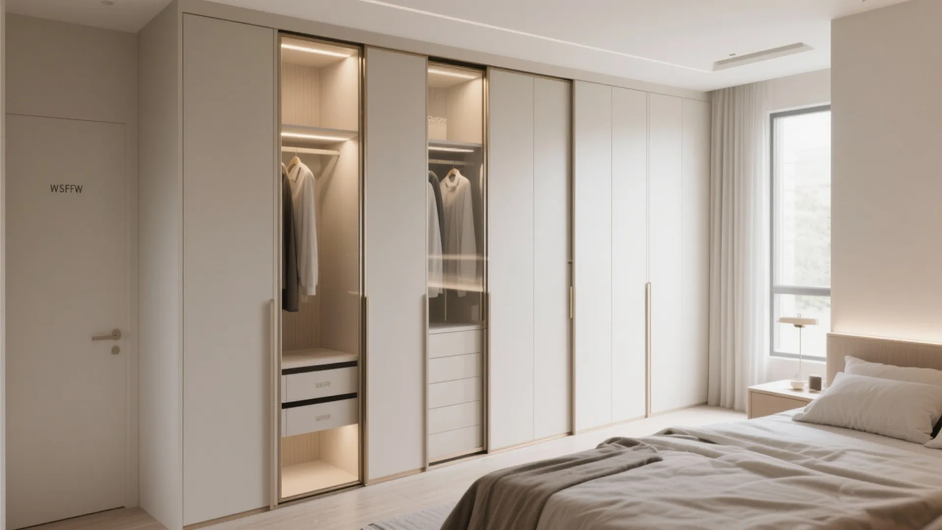 Modern bedroom with large white cabinet, internal light fixture, hanging clothes, and a comfortable bed