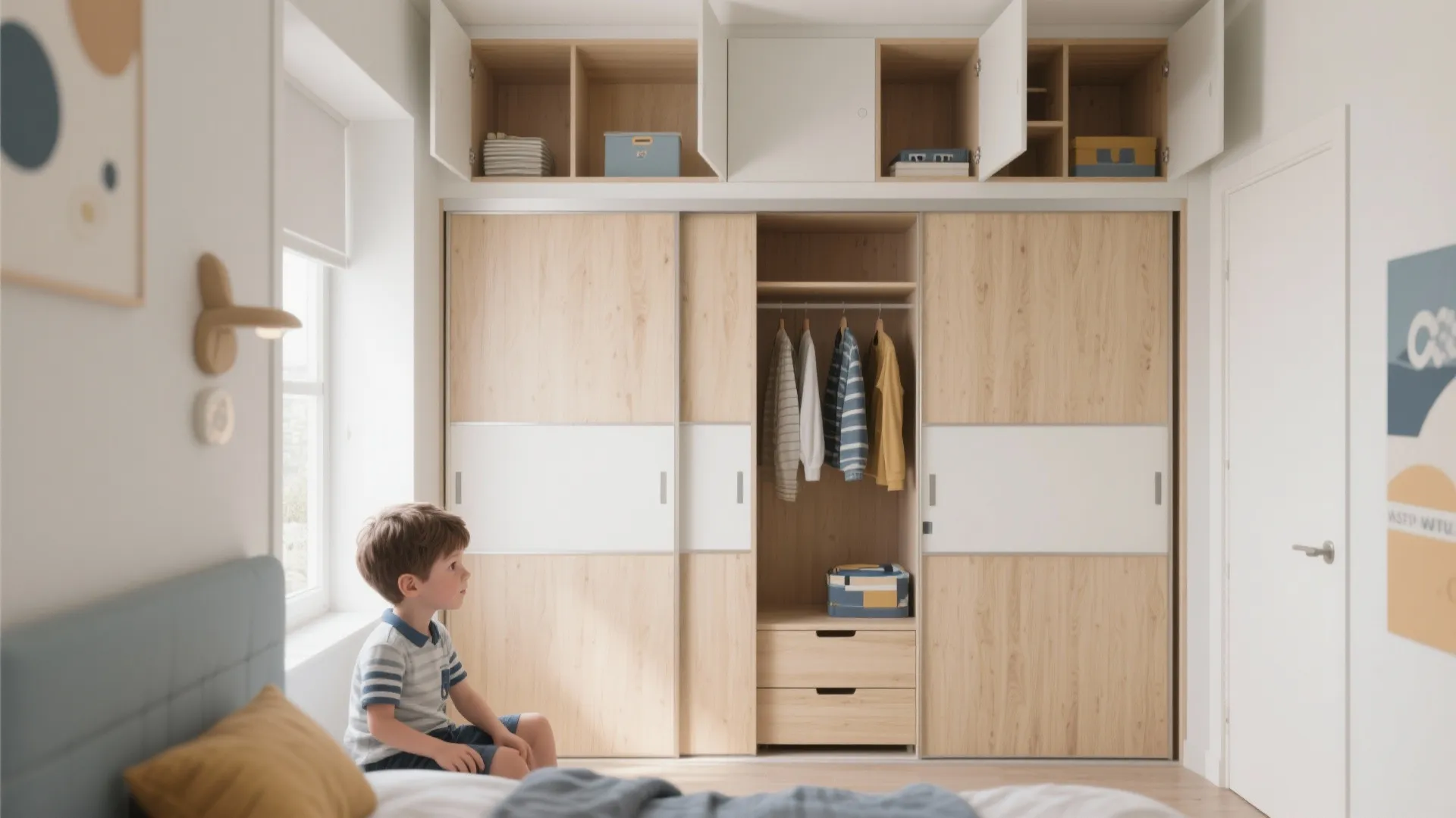 Large wooden sliding door cabinet with open top storage boxes and a small child sitting