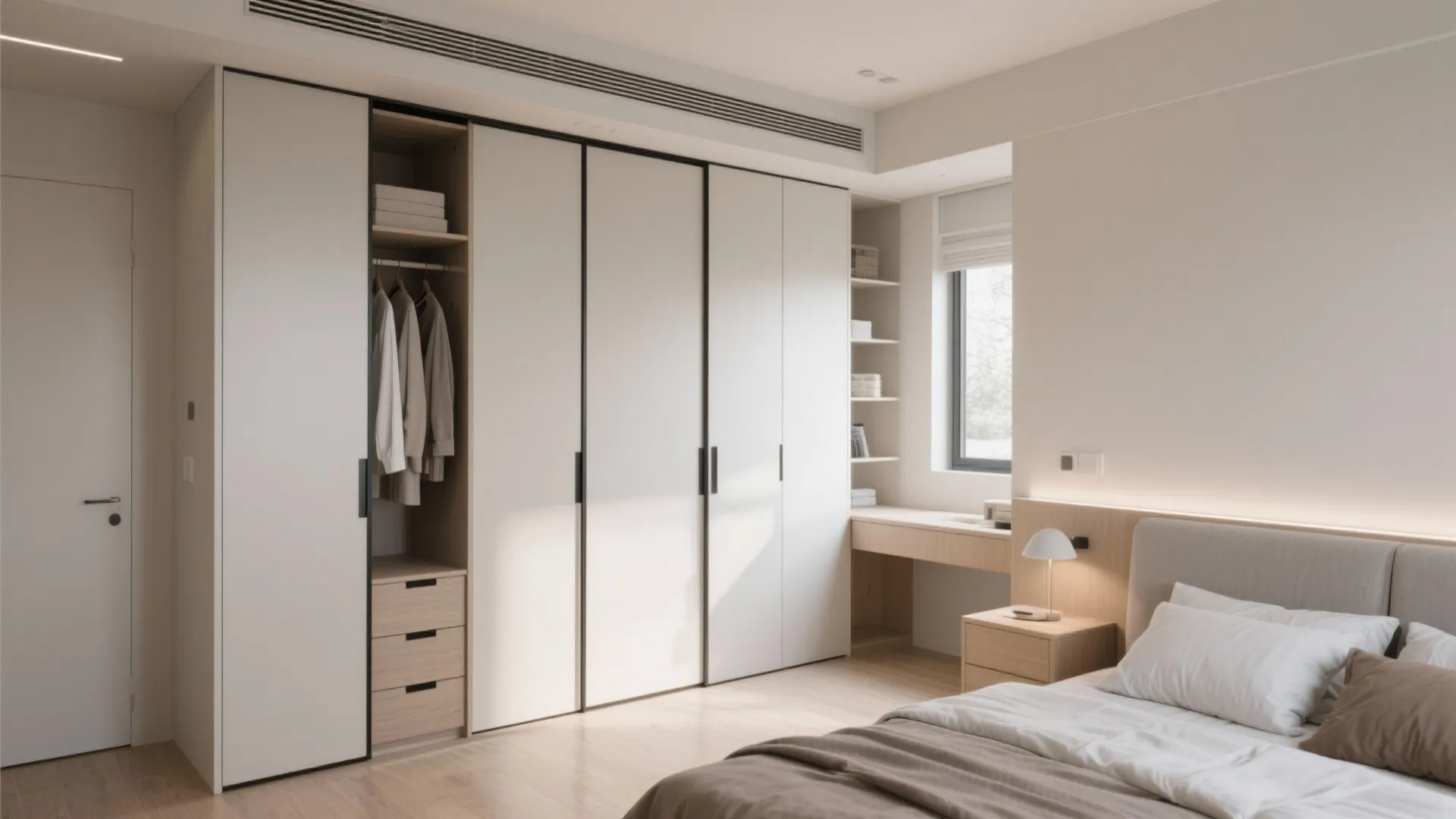 Large white built in cabinet with sliding doors and integrated desk next to a bed