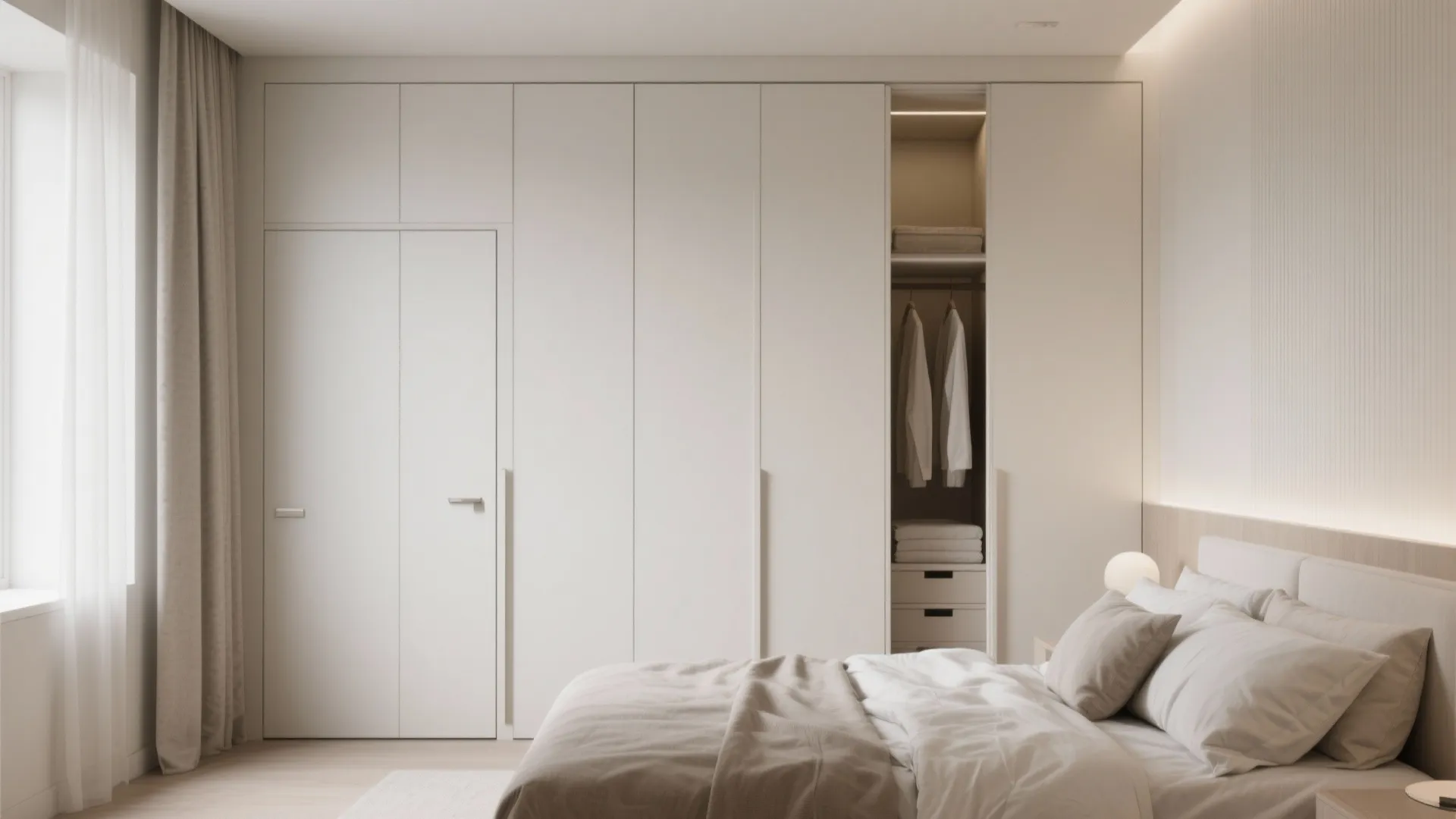 Minimalist white built in cabinet in a modern bedroom with simple bedding and soft neutral colors