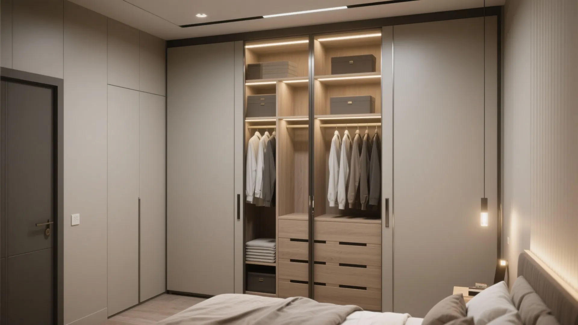 Built-in bedroom cabinet with sliding doors and interior shelves displaying hanging clothes and storage boxes