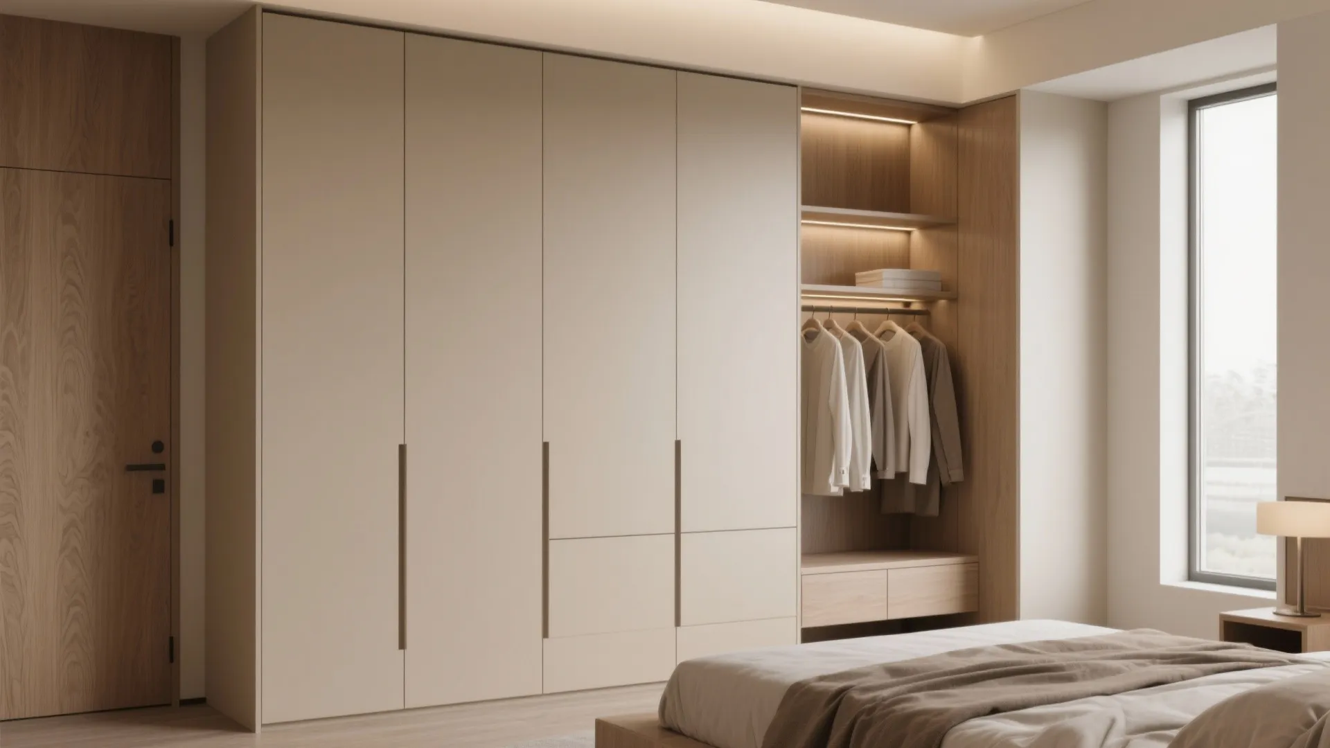 Large floor to ceiling bedroom cabinet with cream doors open shelves for clothes and warm lighting
