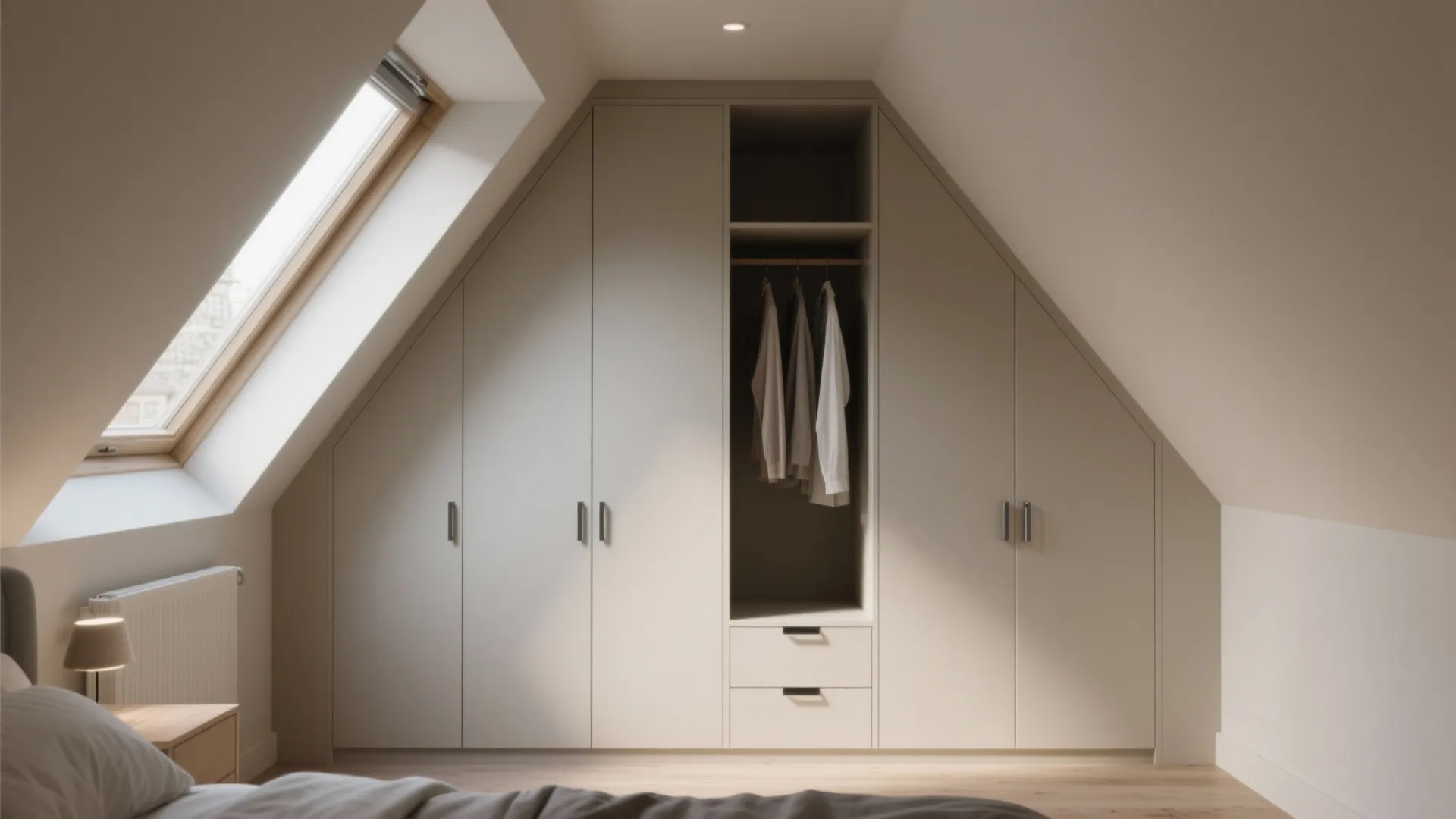 Built-in wardrobe fitting into attic bedroom slope