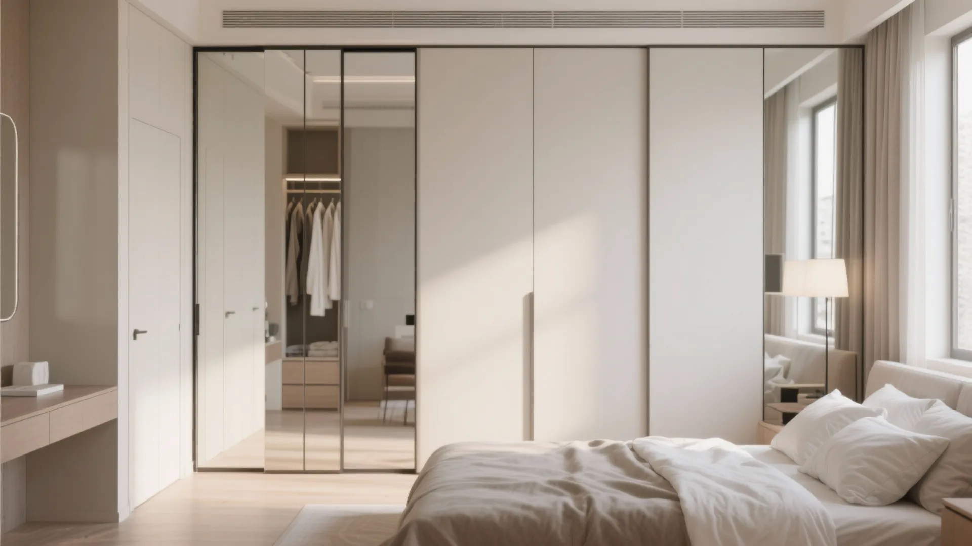 Bedroom with mirrored sliding door built-in wardrobe