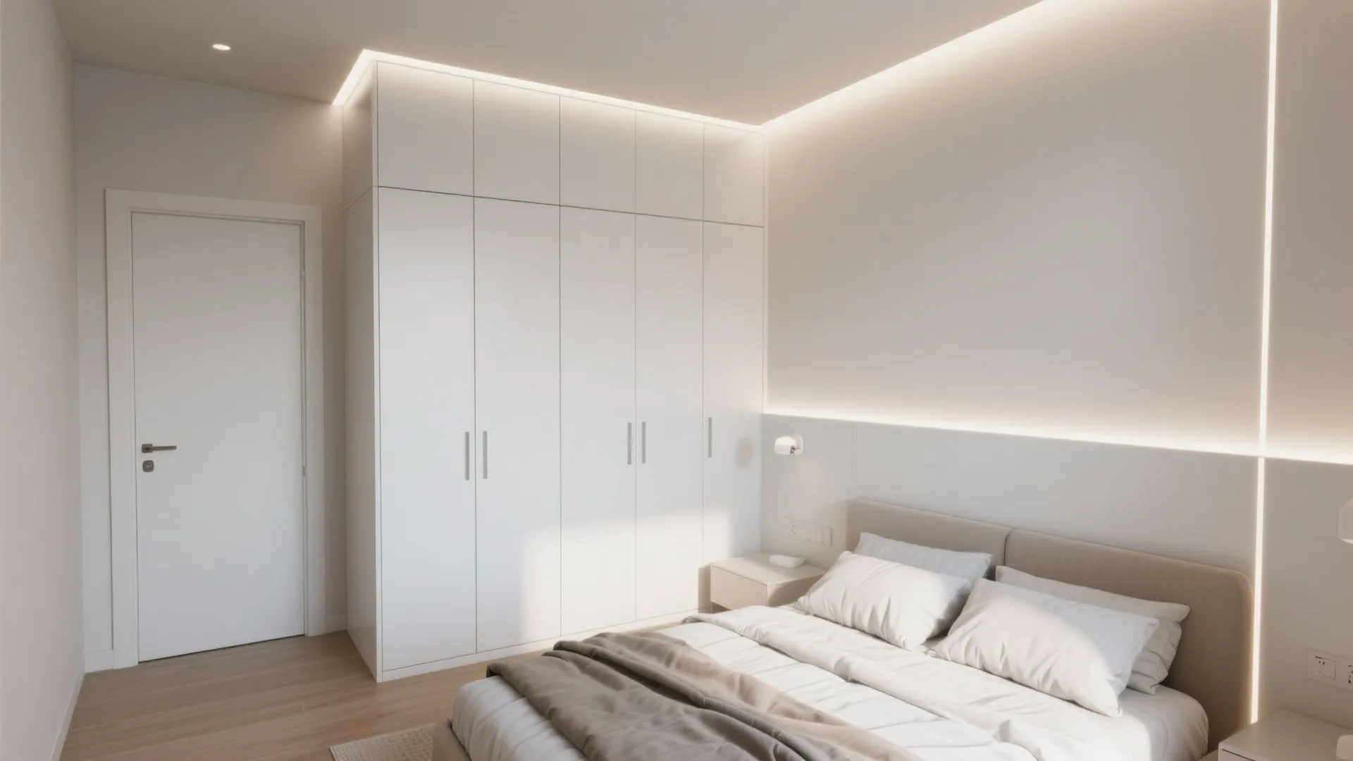Clean white bedroom interior featuring built in cabinet hidden light fixture and comfortable large bed