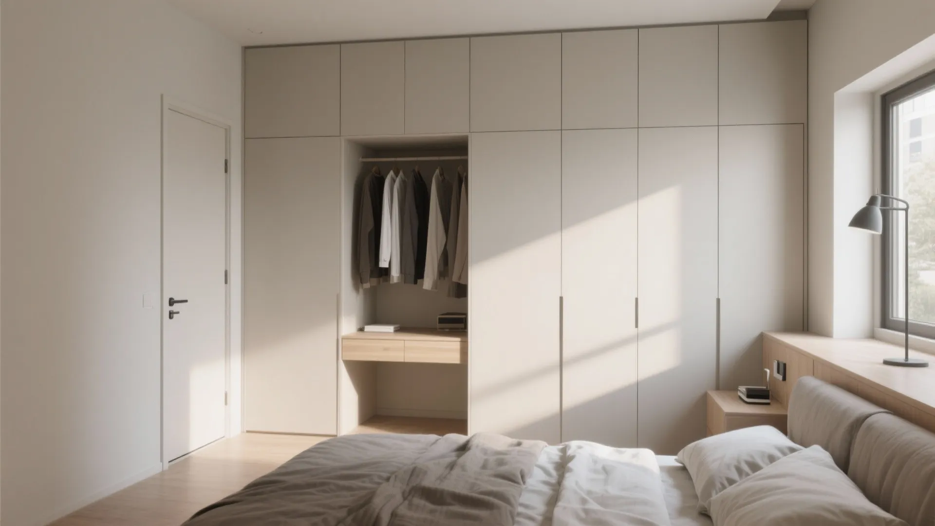 Custom built-in wardrobe with integrated desk in small bedroom