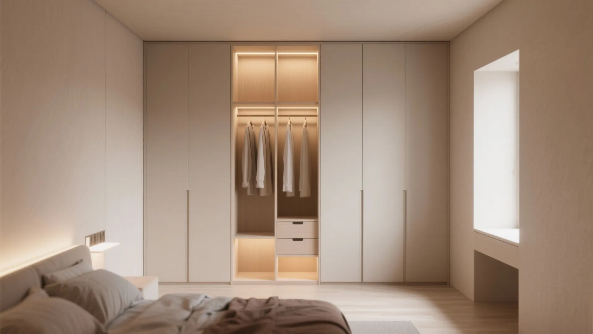 Minimalist bedroom showing large white wall cabinet with built in lights wooden drawers and grey bed