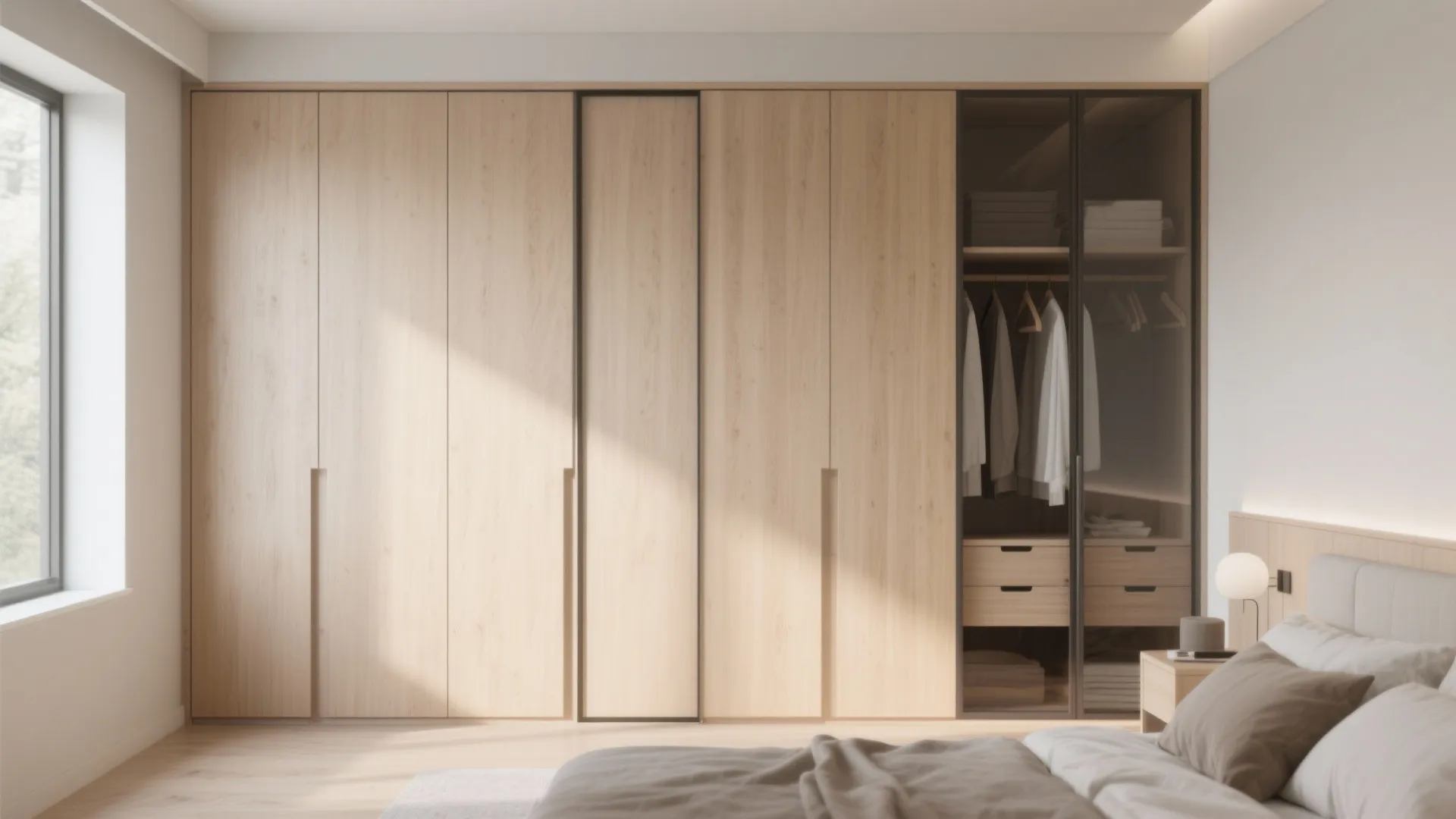 Large wooden bedroom cabinet with integrated glass door section showing clothes drawers and minimalist room styling