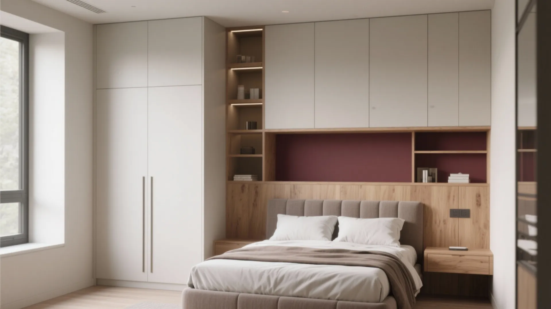 Custom floor-to-ceiling built-in wardrobe and recessed headboard creating efficient storage in a small bedroom.