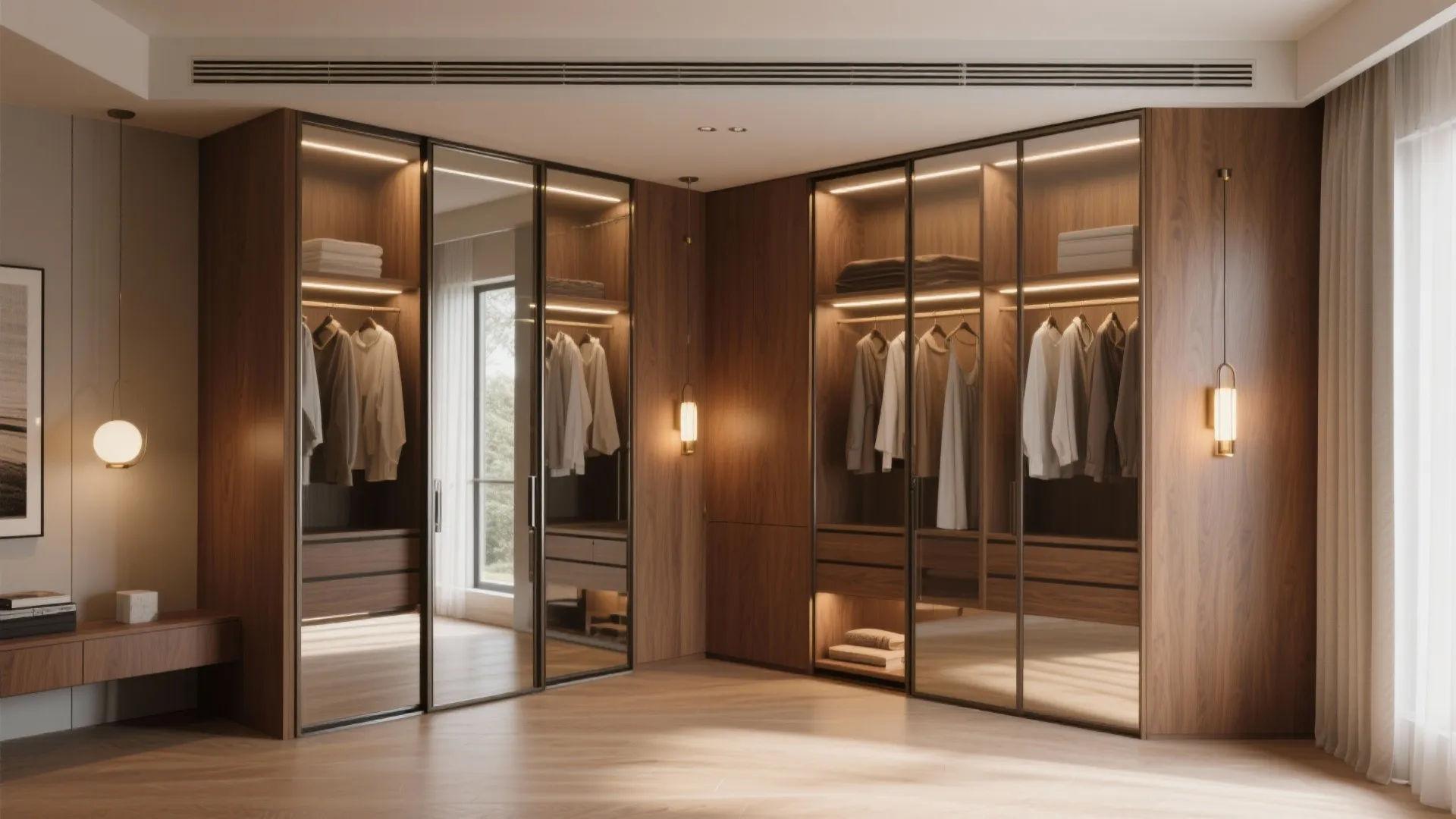 Floor-to-ceiling built-in wardrobes with sliding mirrored doors reflecting light and increasing perceived depth.