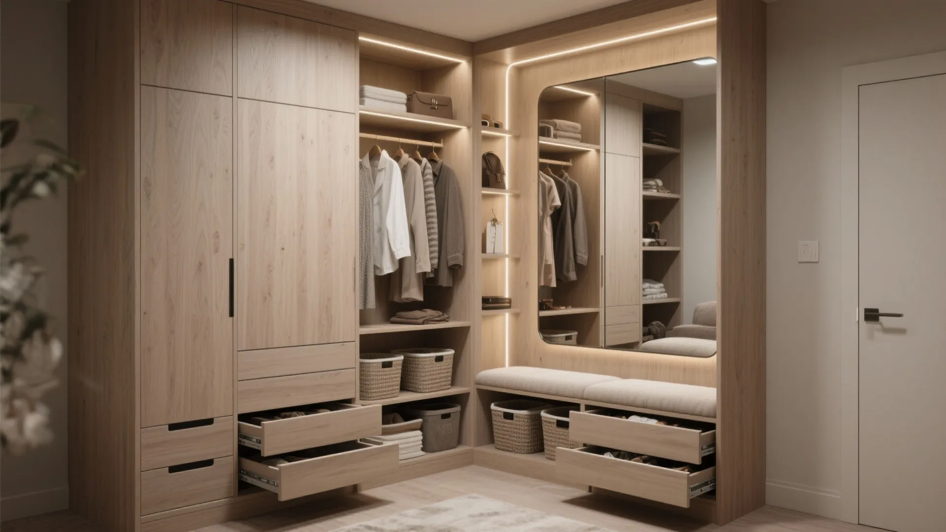 Built-in wardrobe with integrated dressing nook, pull-out trays and LED interior lighting