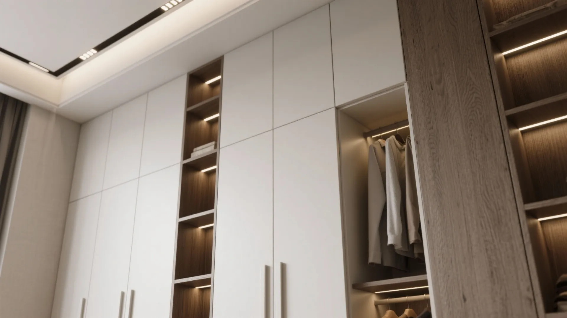 Full-height built-in wardrobes with organized shelving and vertical storage