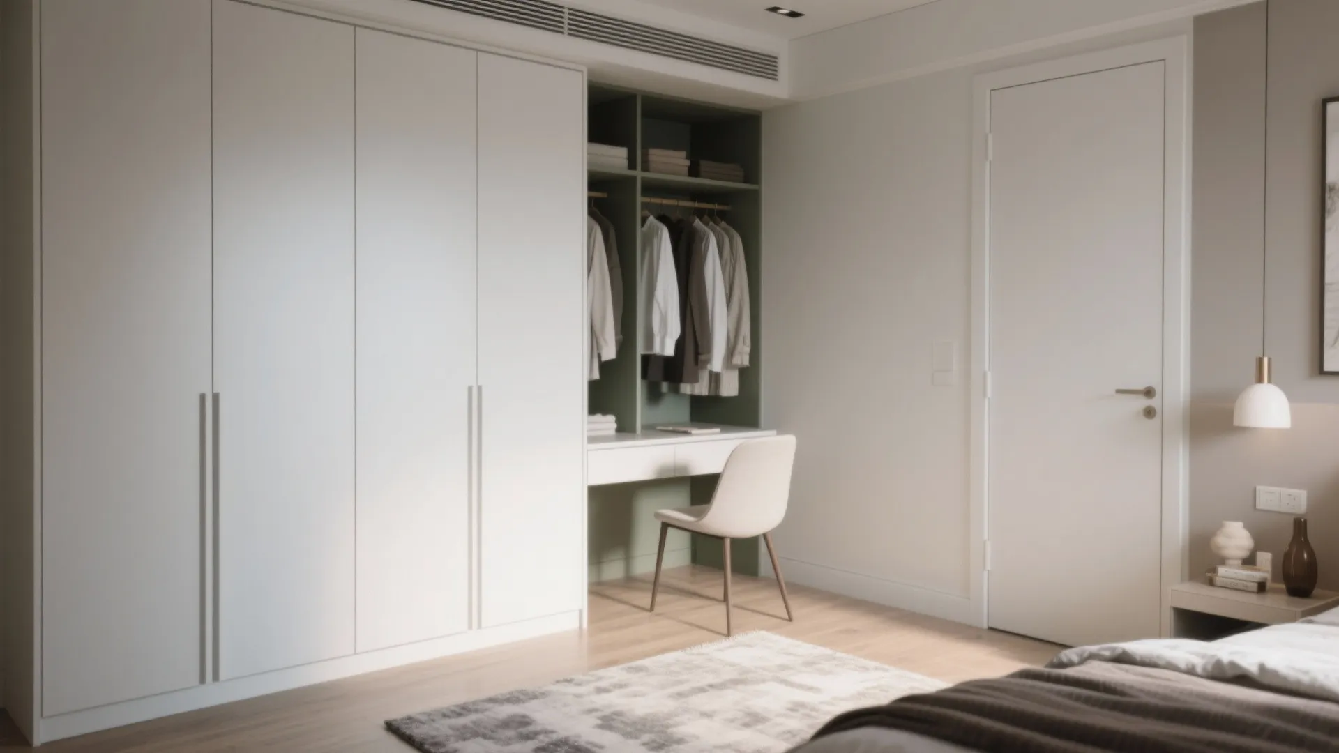 Modern white cabinet with integrated green desk area matching chair clothes storage and warm bedroom lighting