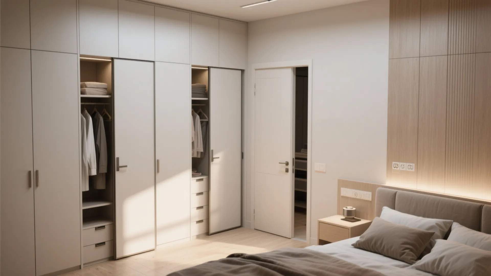 Modern white built in cabinet with open doors showing clothes and a clean bedroom interior