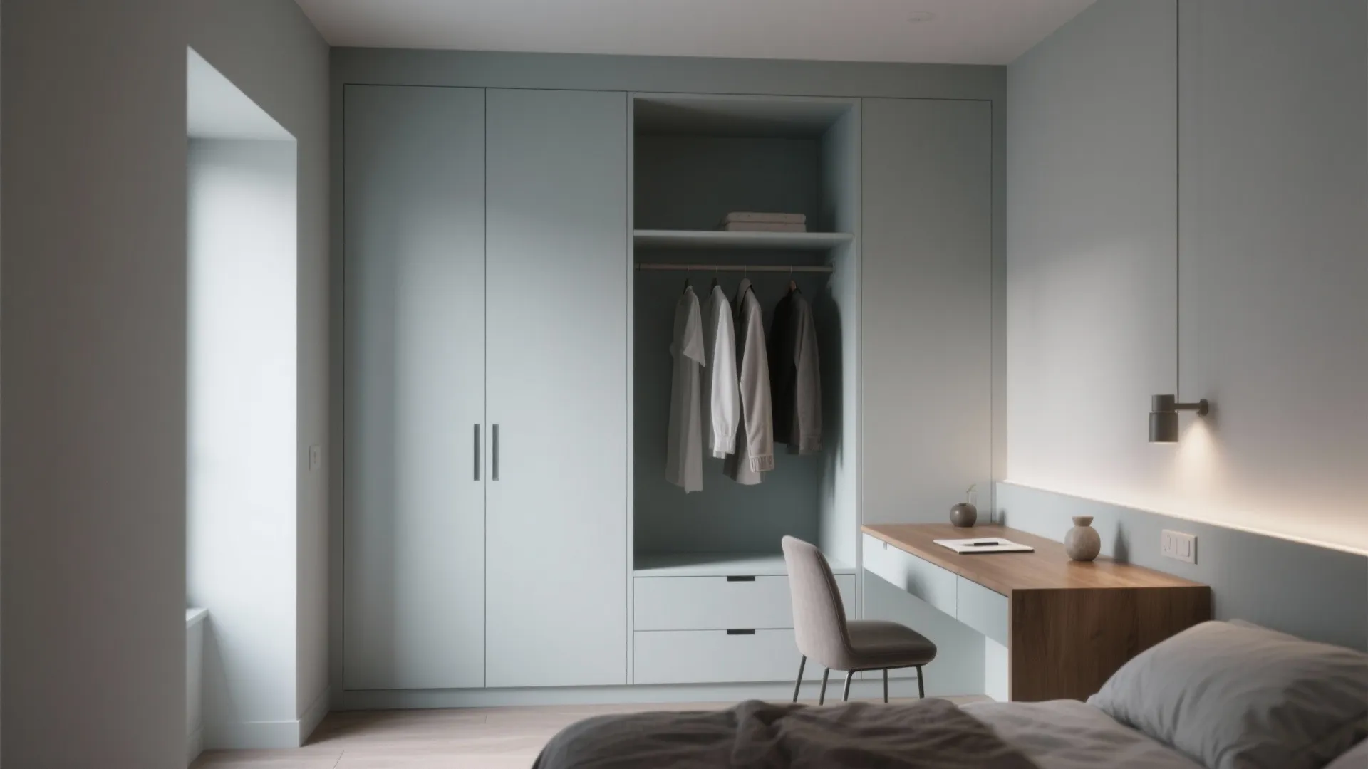Grey built in cabinet with hanging clothes next to a wooden desk and simple chair