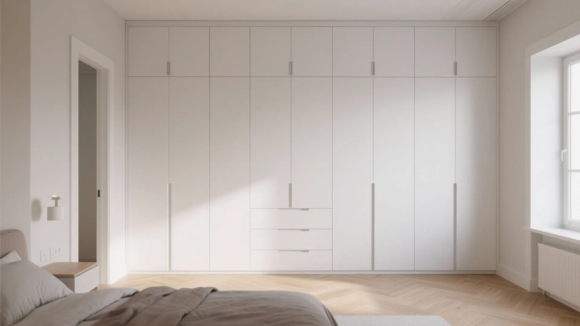 Large floor to ceiling white bedroom cabinet wall with minimalist handles and light wood flooring