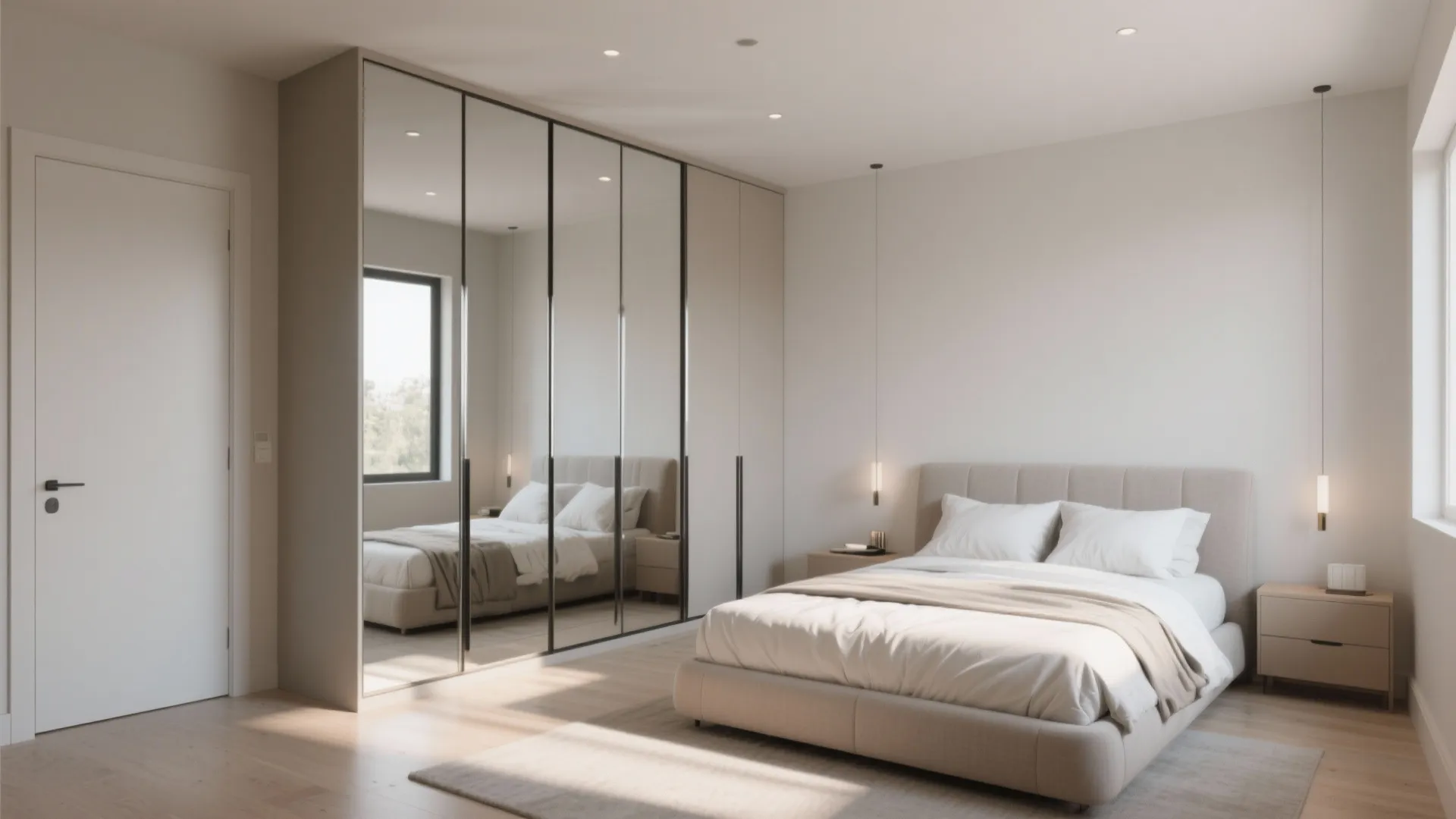 Modern bedroom featuring a large cabinet with mirrored doors reflecting the bed and window light