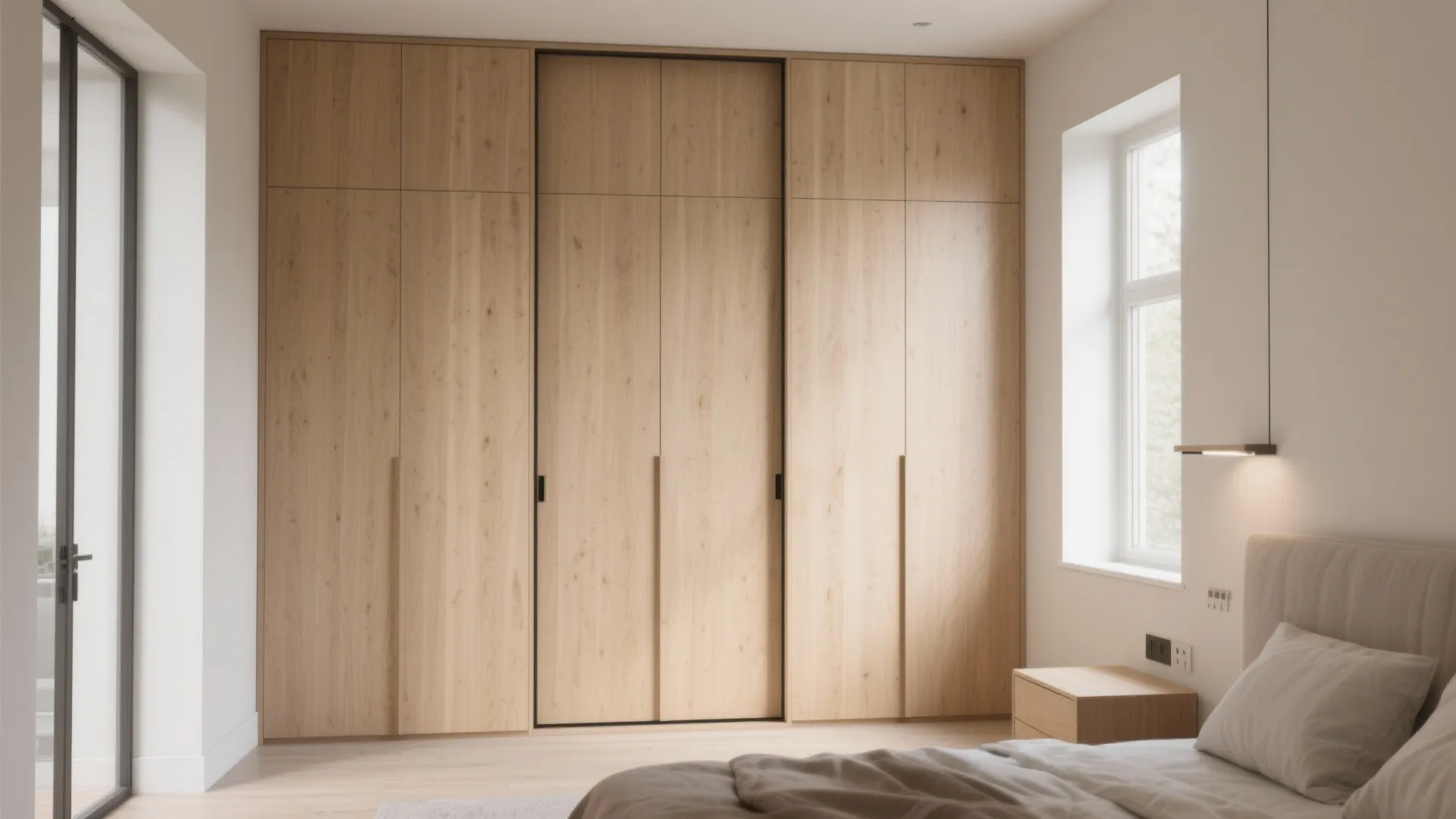 Large built in wooden cabinet wall in a bright bedroom next to a white window