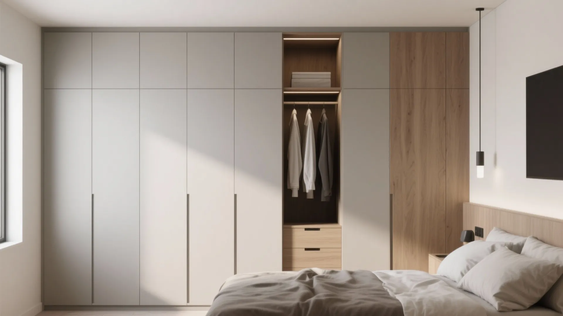 Built-in wardrobe wall in a minimalist neutral-tone bedroom