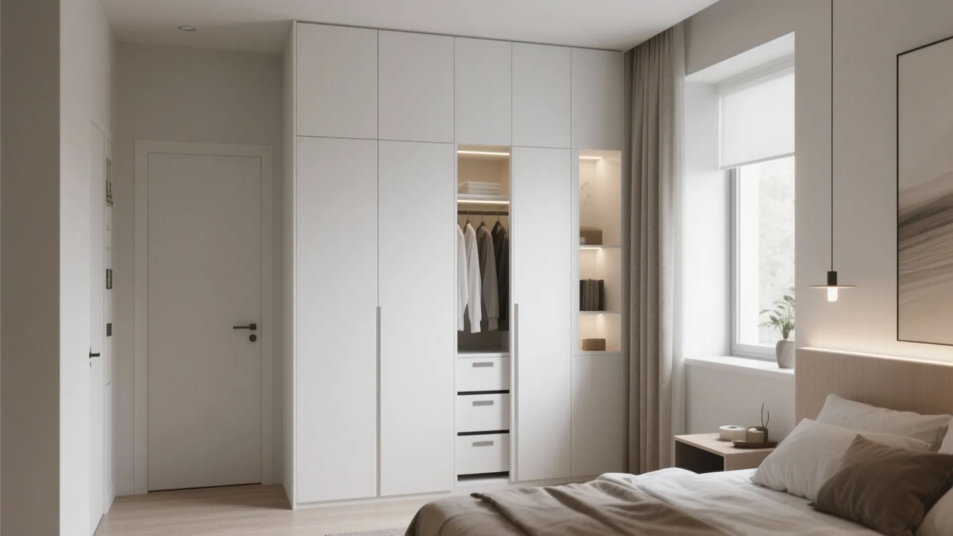 White built-in wardrobe with open shelves showing clothes and drawers in a bright modern bedroom