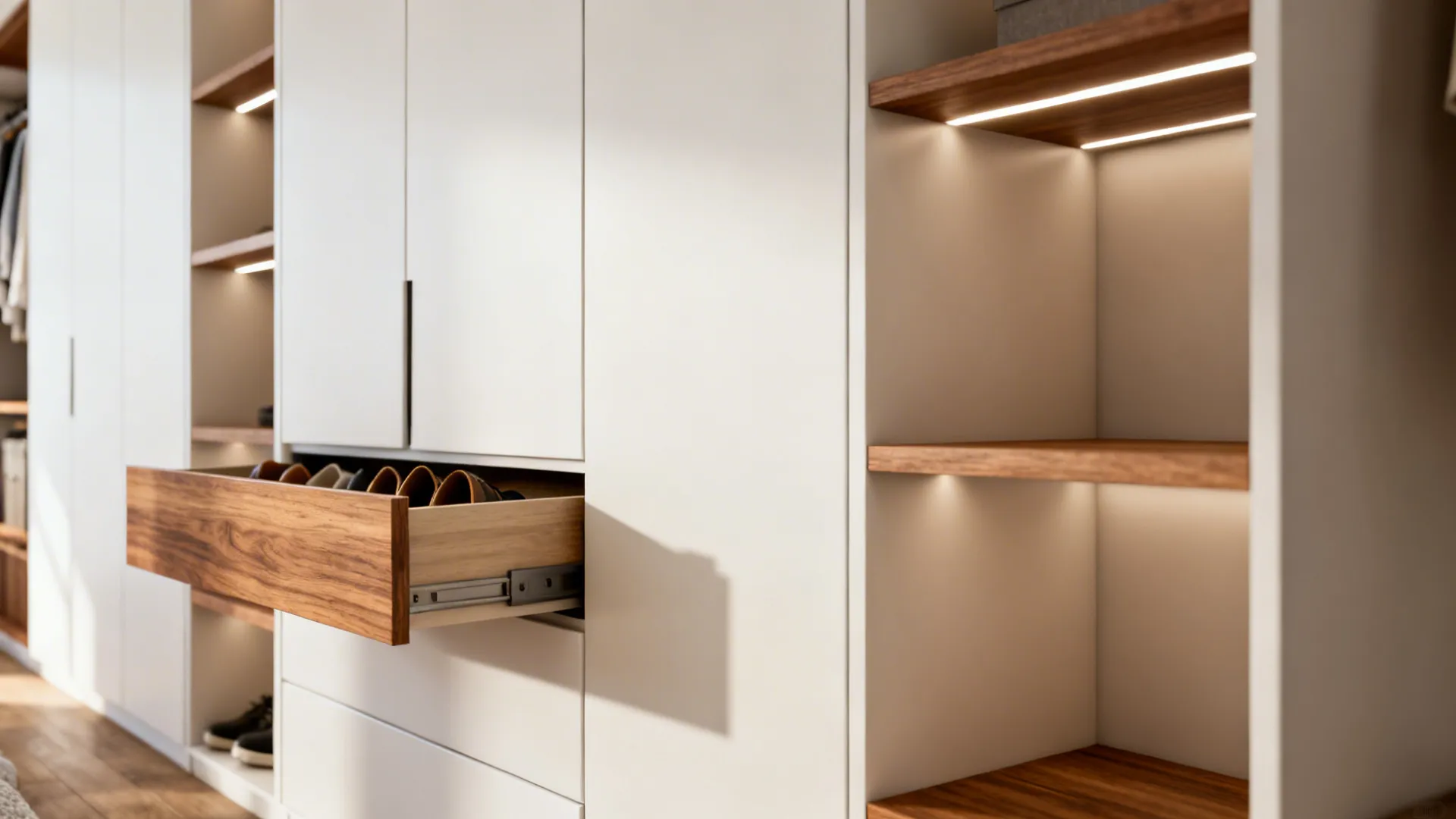 Built-in wardrobe wall with shallow hanging sections and pull-out shoe drawers illuminated by LED strips