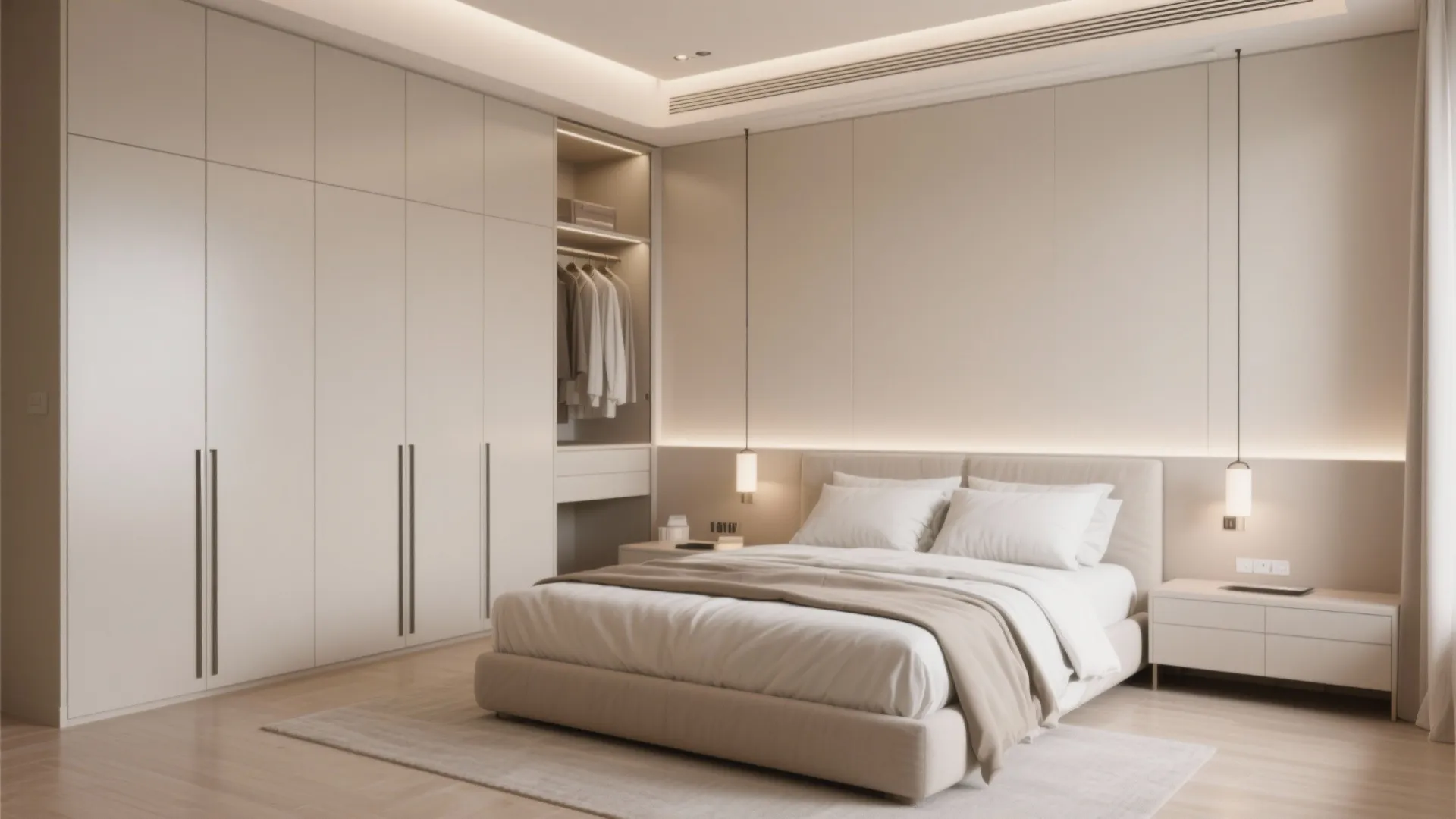 Modern cream bedroom featuring floor to ceiling cabinet storage with soft warm lighting and bed