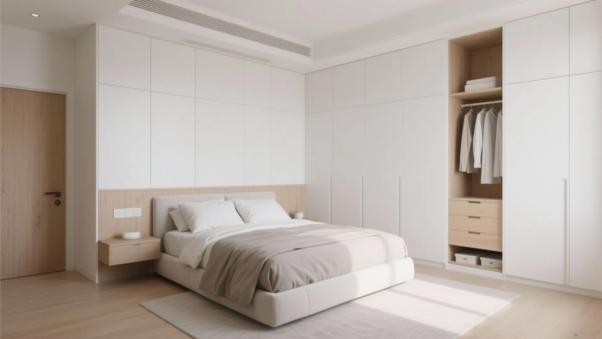 Minimalist floor-to-ceiling built-in wardrobes in small bedroom