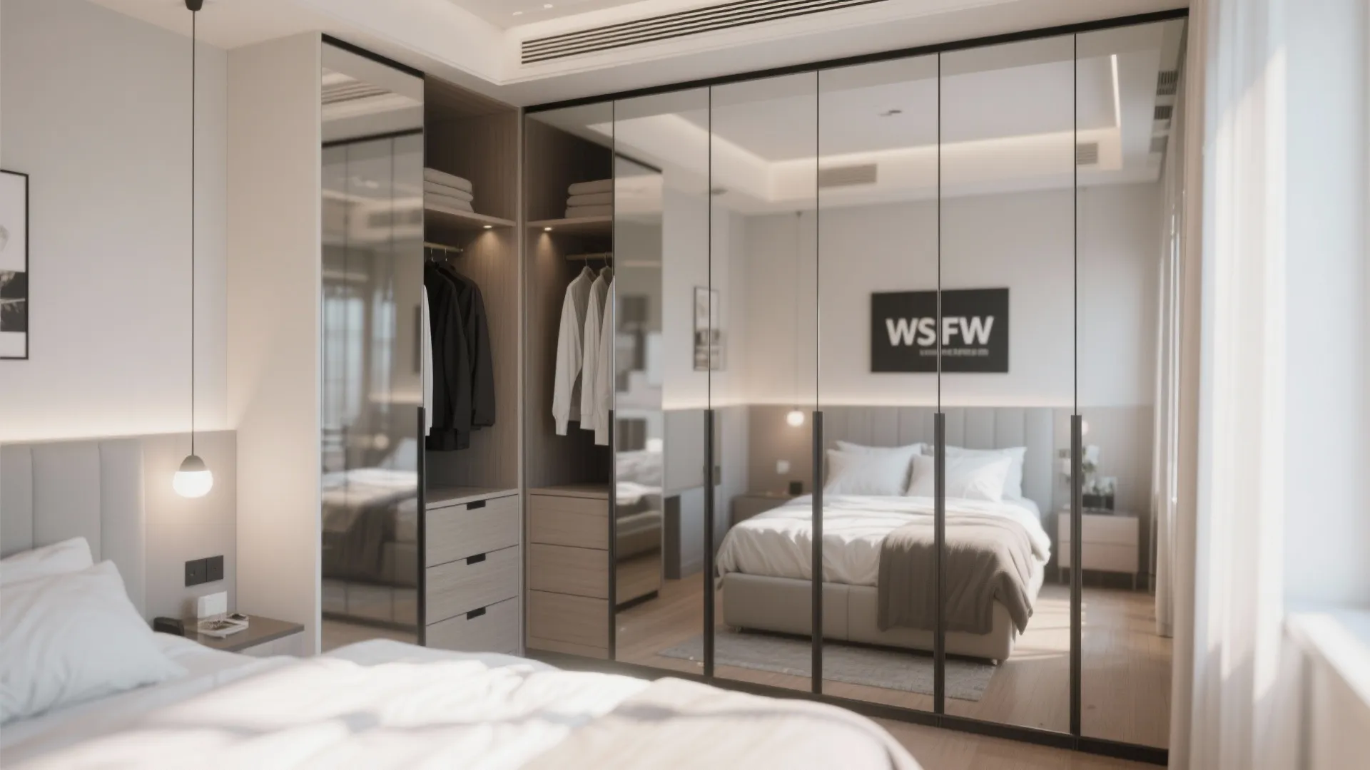 Modern bedroom with large floor to ceiling mirrored cabinet showing clothes and reflection of bed