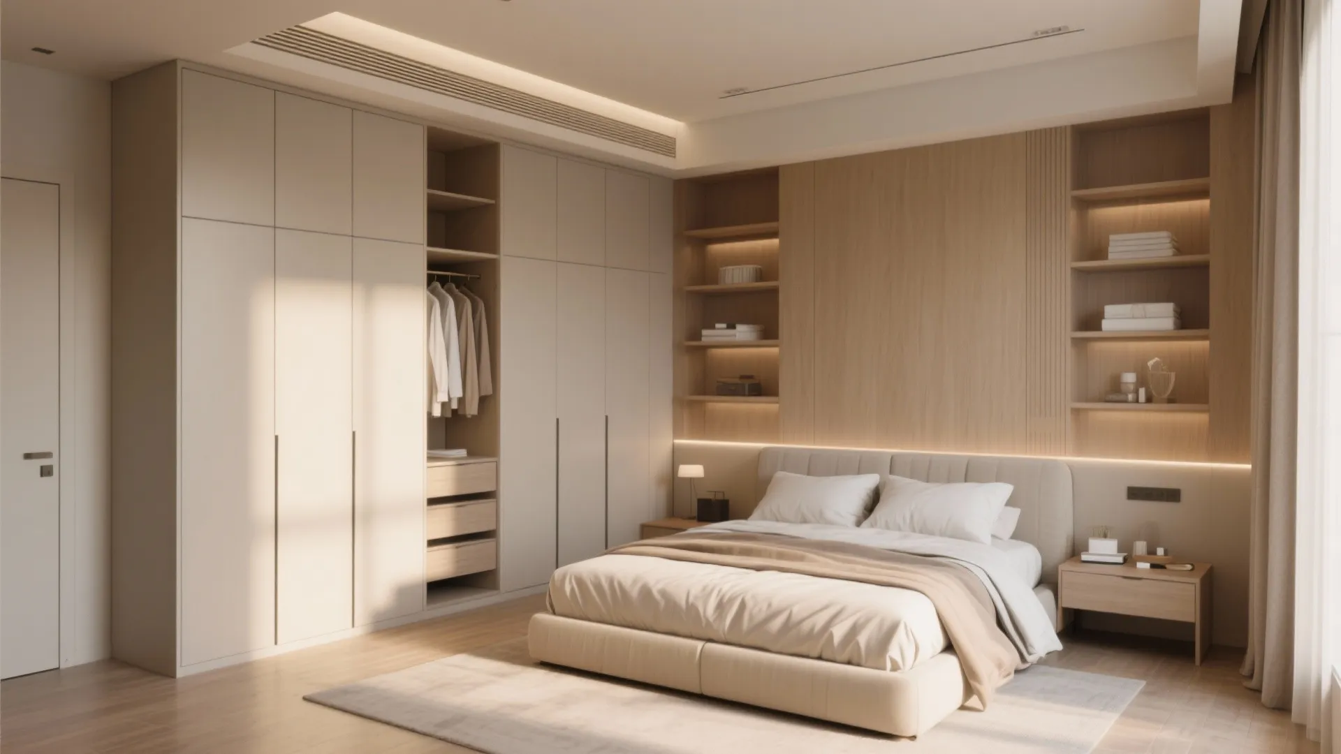 Modern bedroom with large beige cabinet and wood wall panel behind soft beige double bed