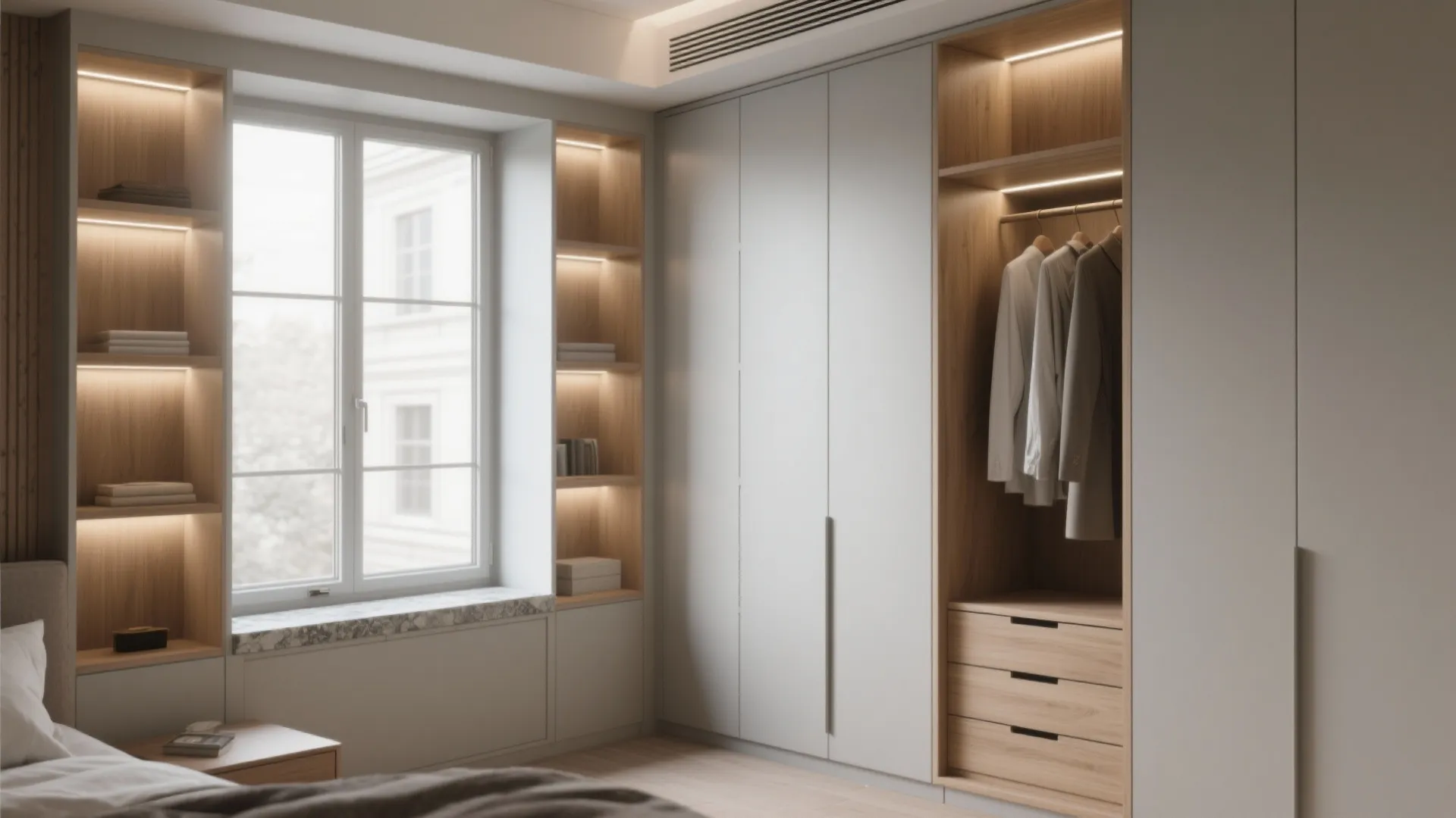 Built-in wardrobes framed around a window with recessed display niches and integrated LED lighting.