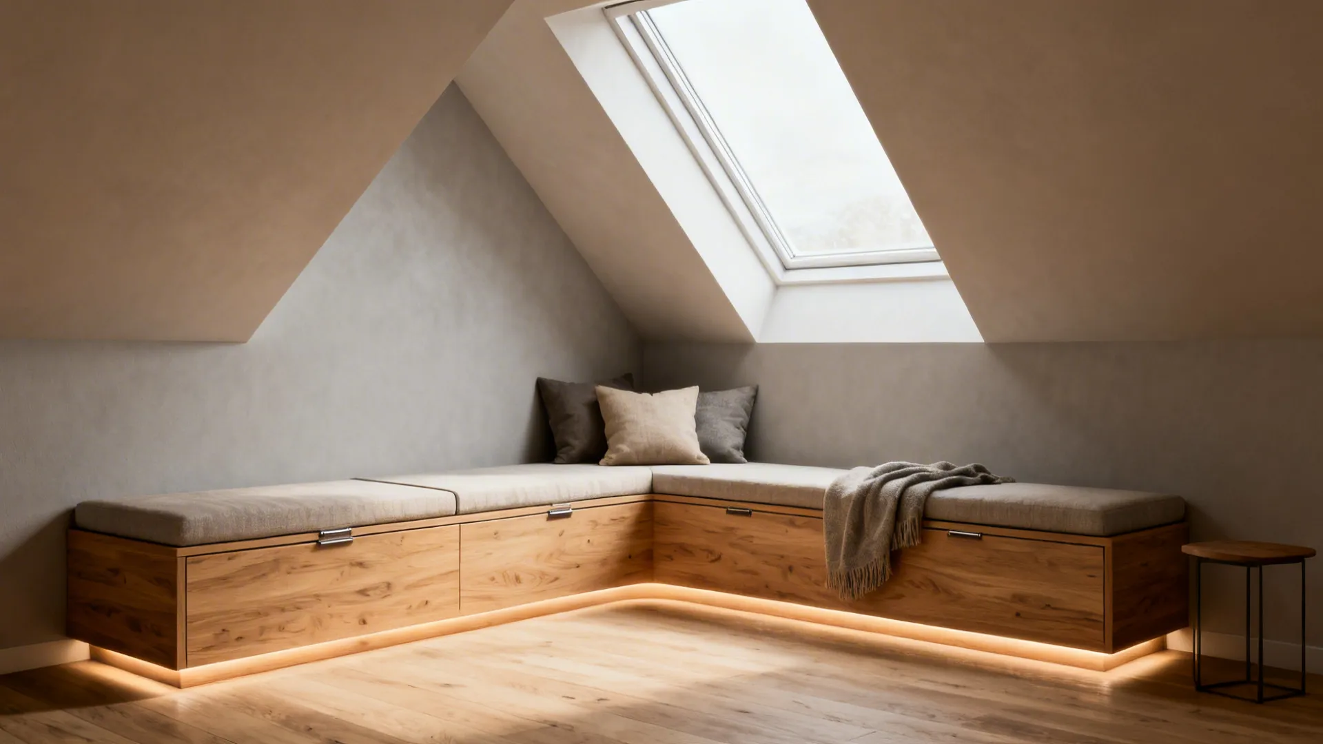 Wedge-shaped built-in bench with hidden storage along the short wall of a triangular attic nook.