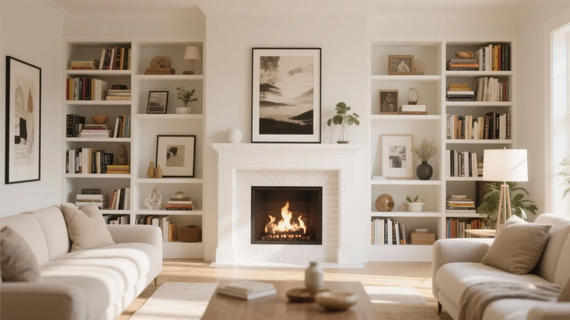 4. Built-In Storage Around a White Fireplace