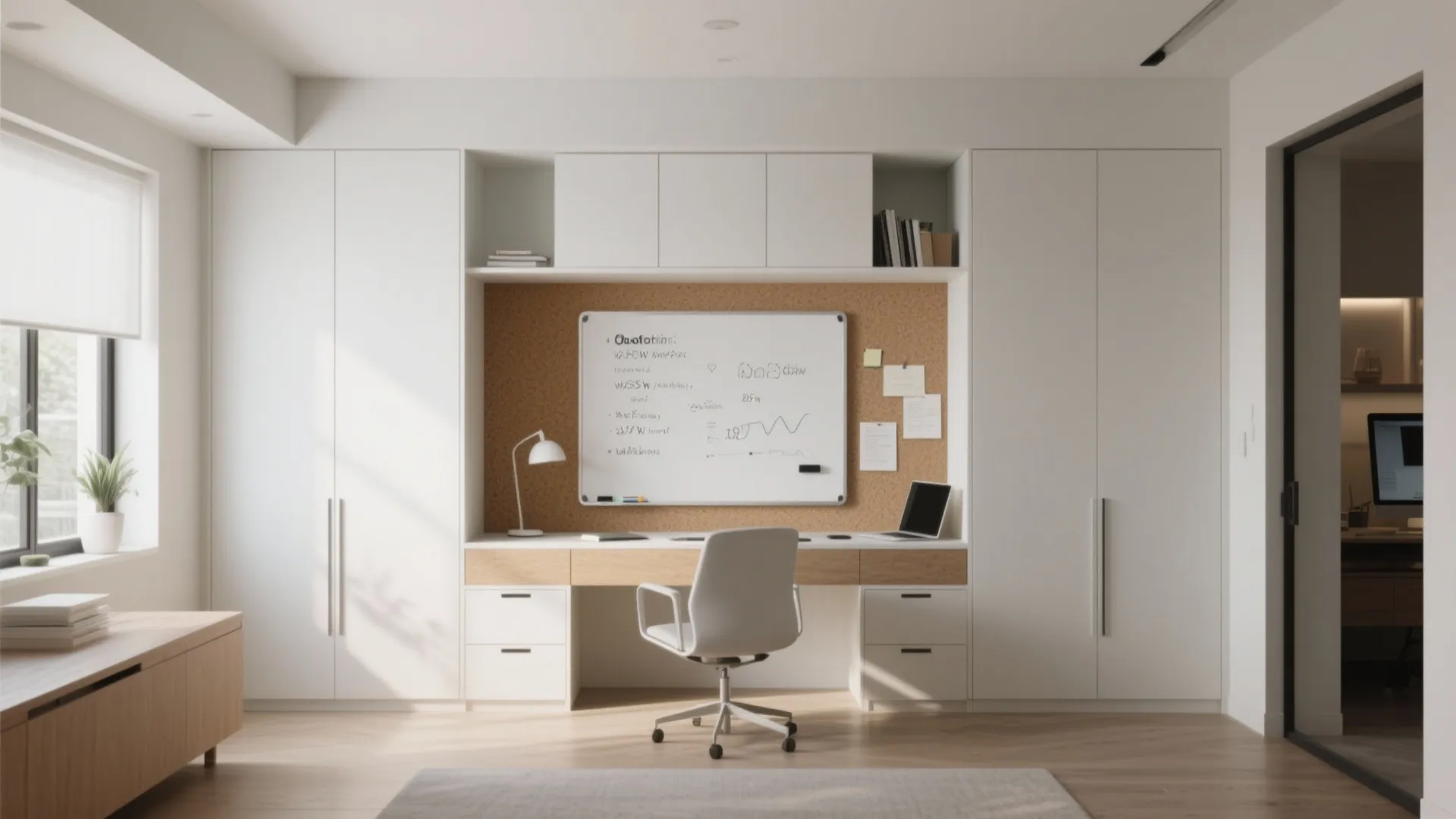 Home office with whiteboard and corkboard built into cabinet doors