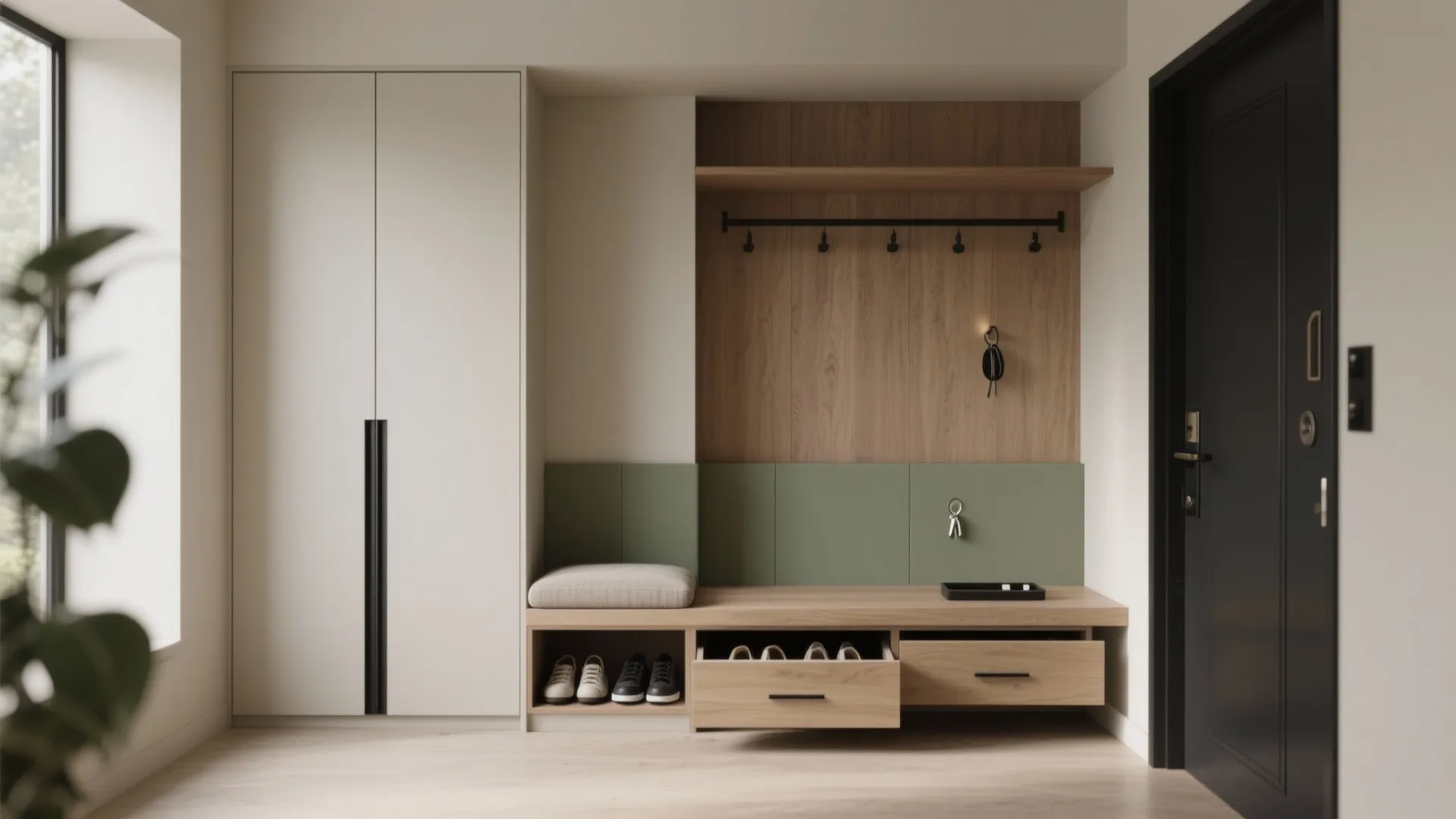 Built-in storage wall with bench and concealed shoes