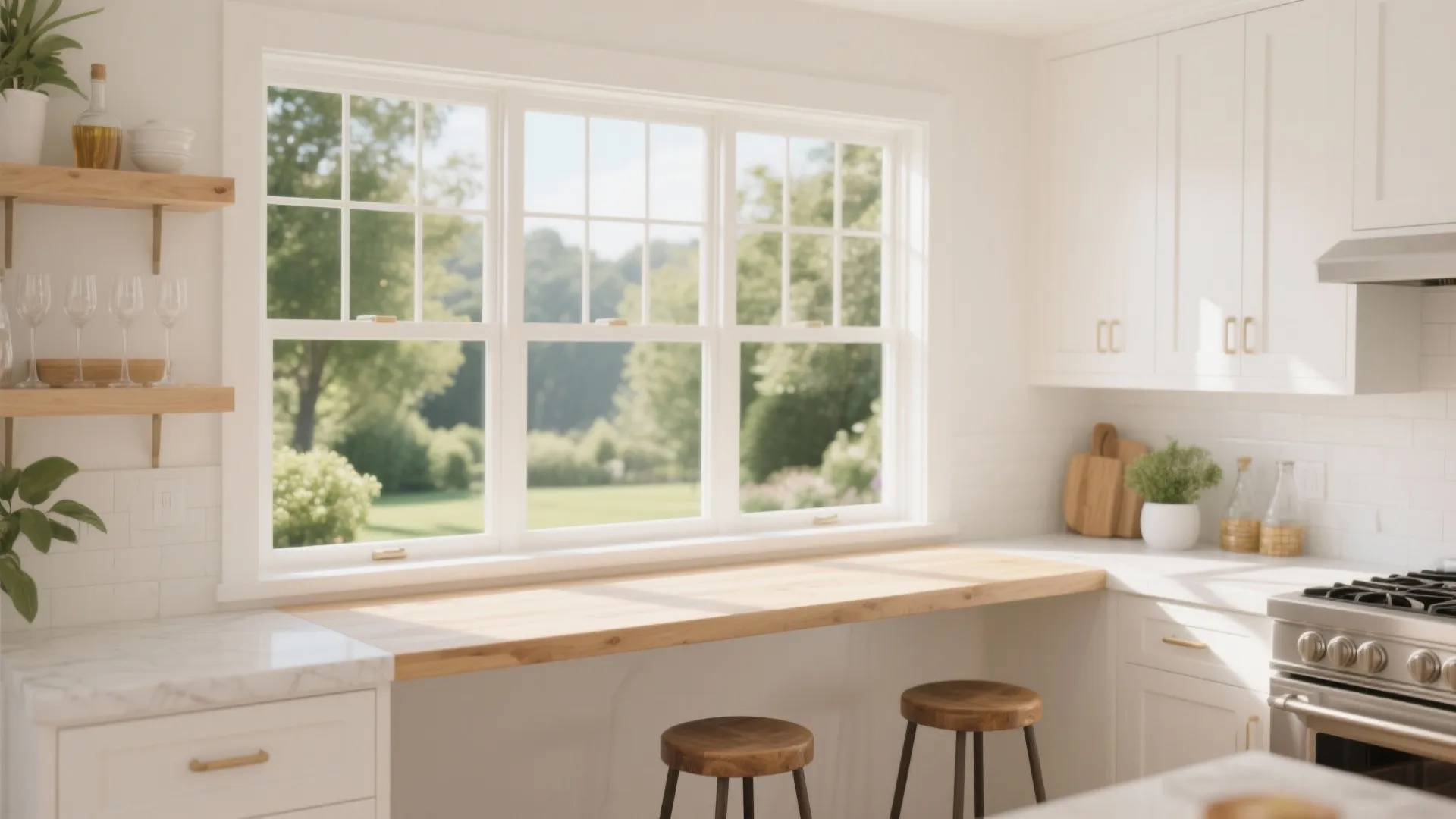 Bright white kitchen with a wood counter bar under windows and two round wooden stools