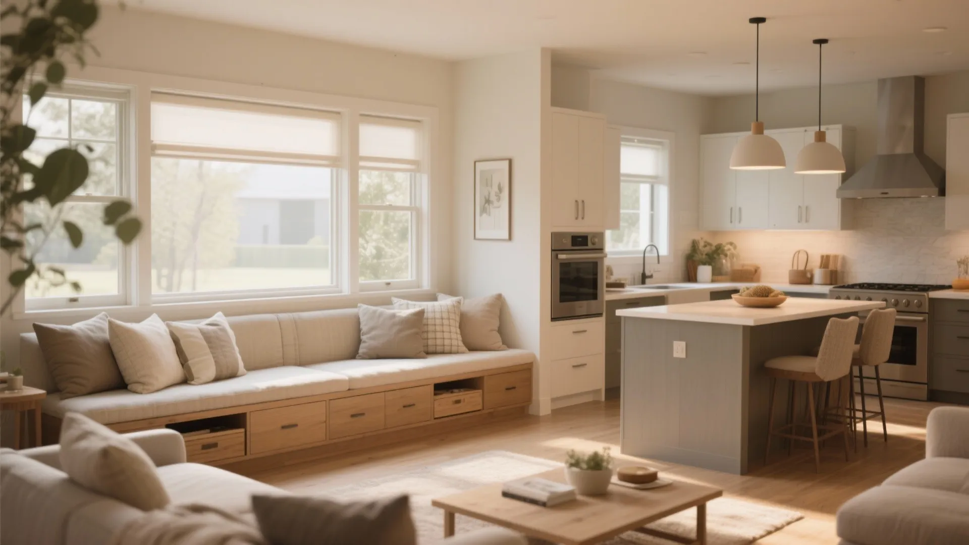 Built-in window bench between kitchen and living area