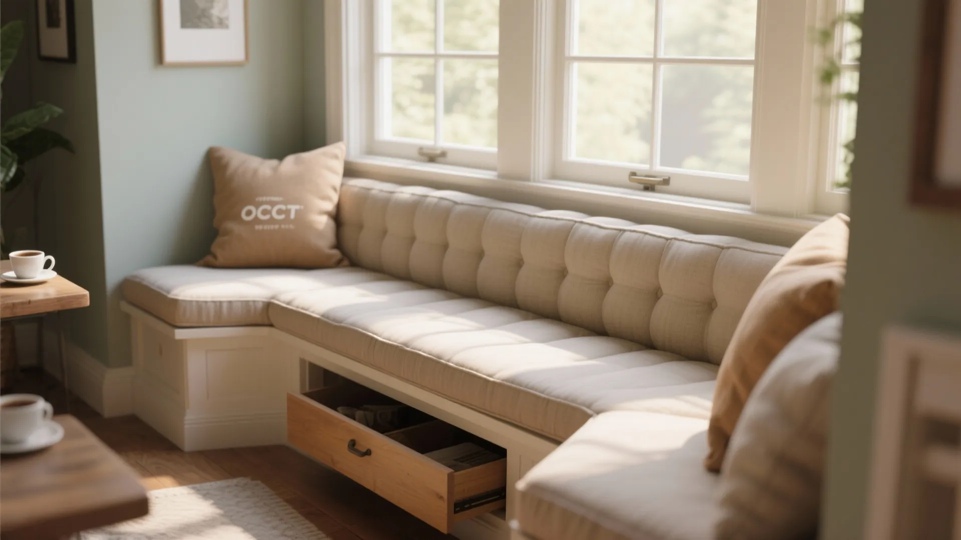 Bay window seating with cushions and storage below