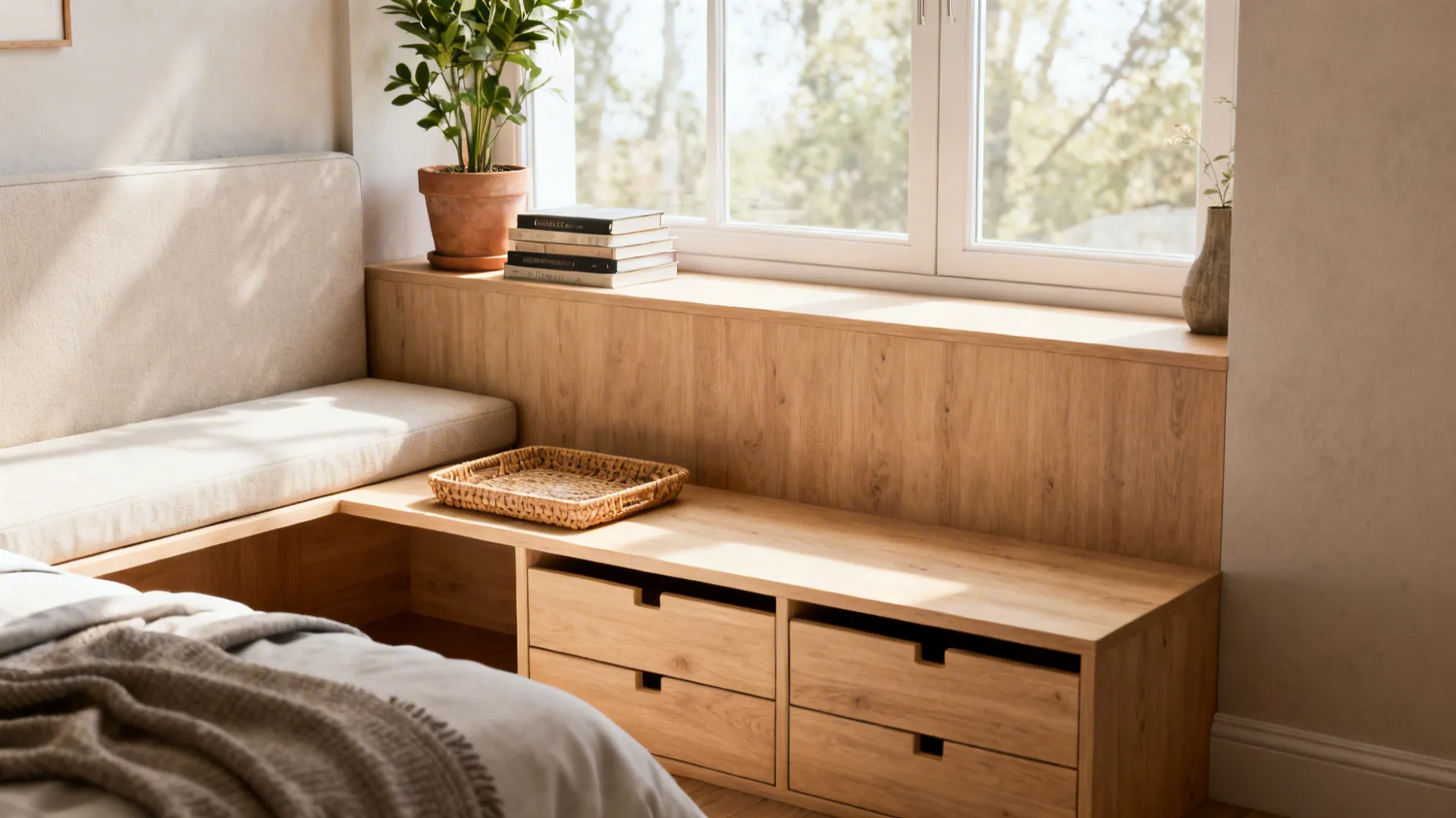 Built-in wooden window seat with storage drawers books green plant and soft cushion in bedroom