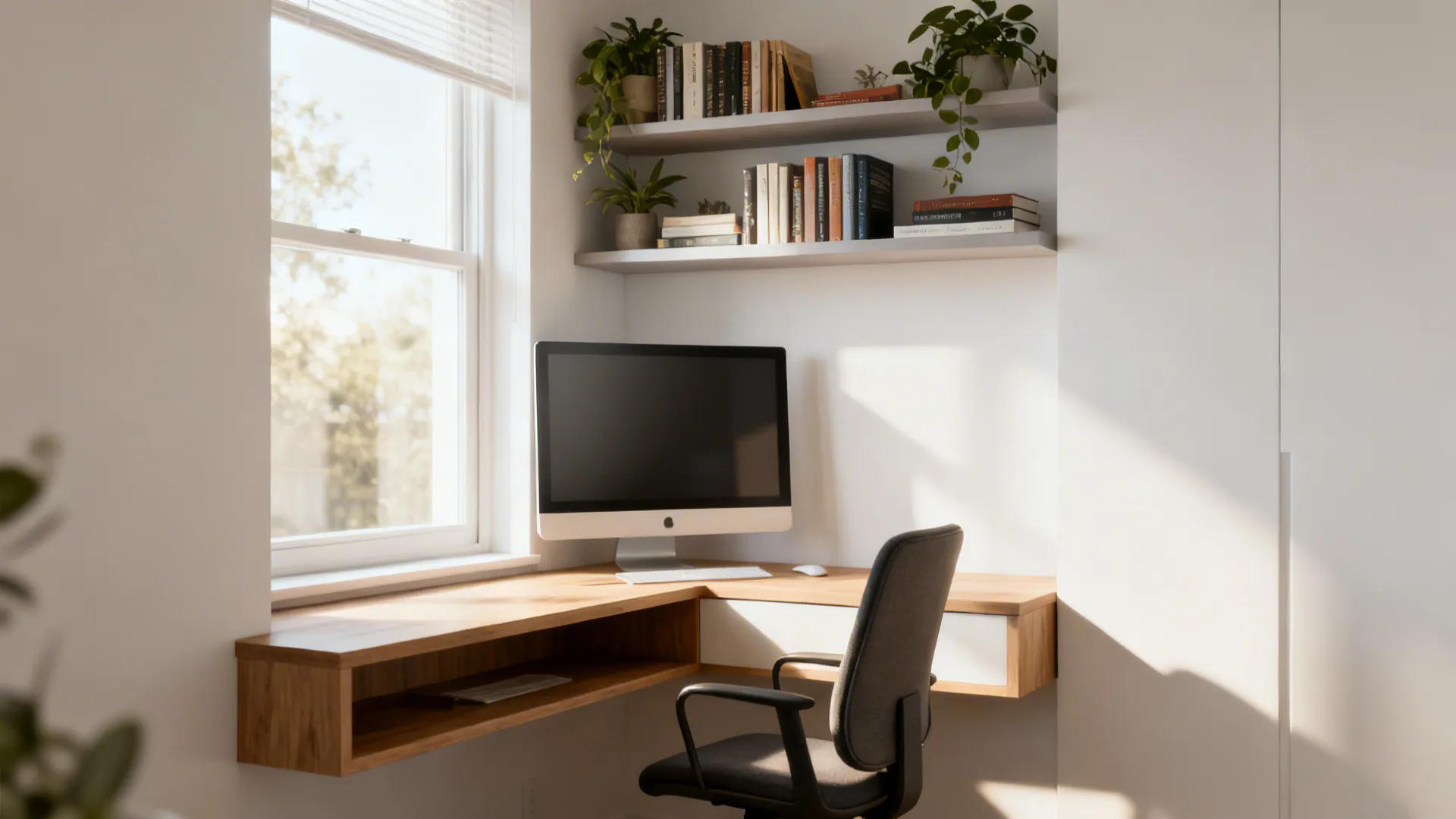 Modern wooden corner desk with a computer monitor near a window and shelves with plants