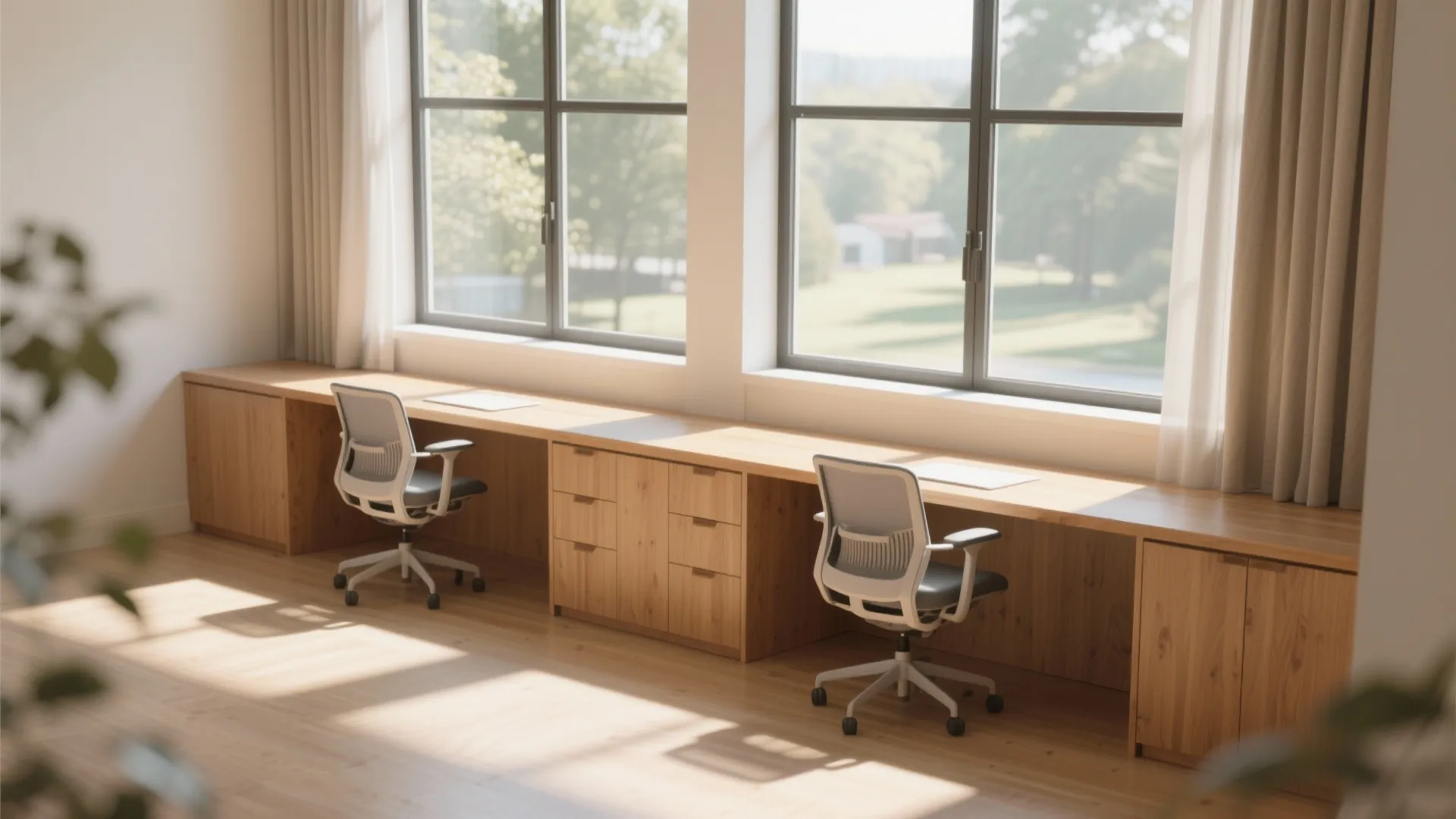 Long wooden desk built under two large windows with grey office chairs and beige window curtains