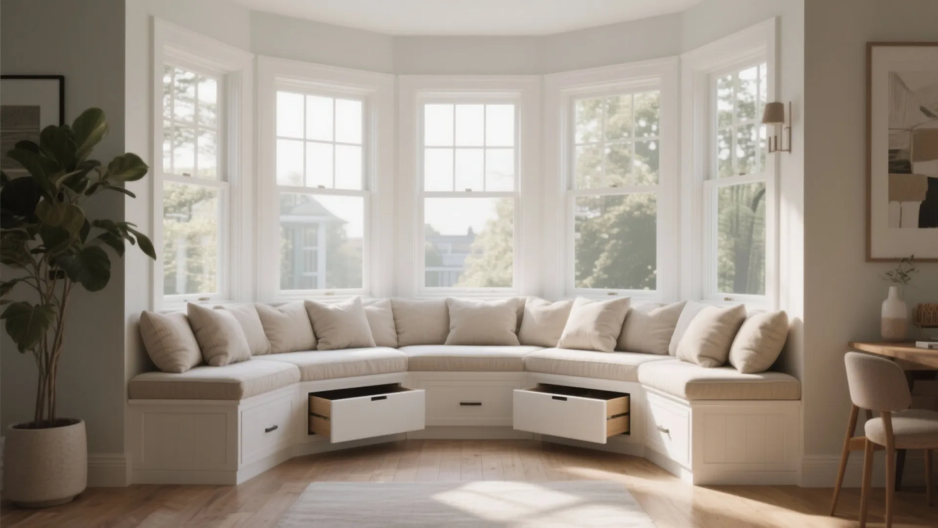 Built-in white window seat with storage drawers under large windows featuring soft beige throw pillows