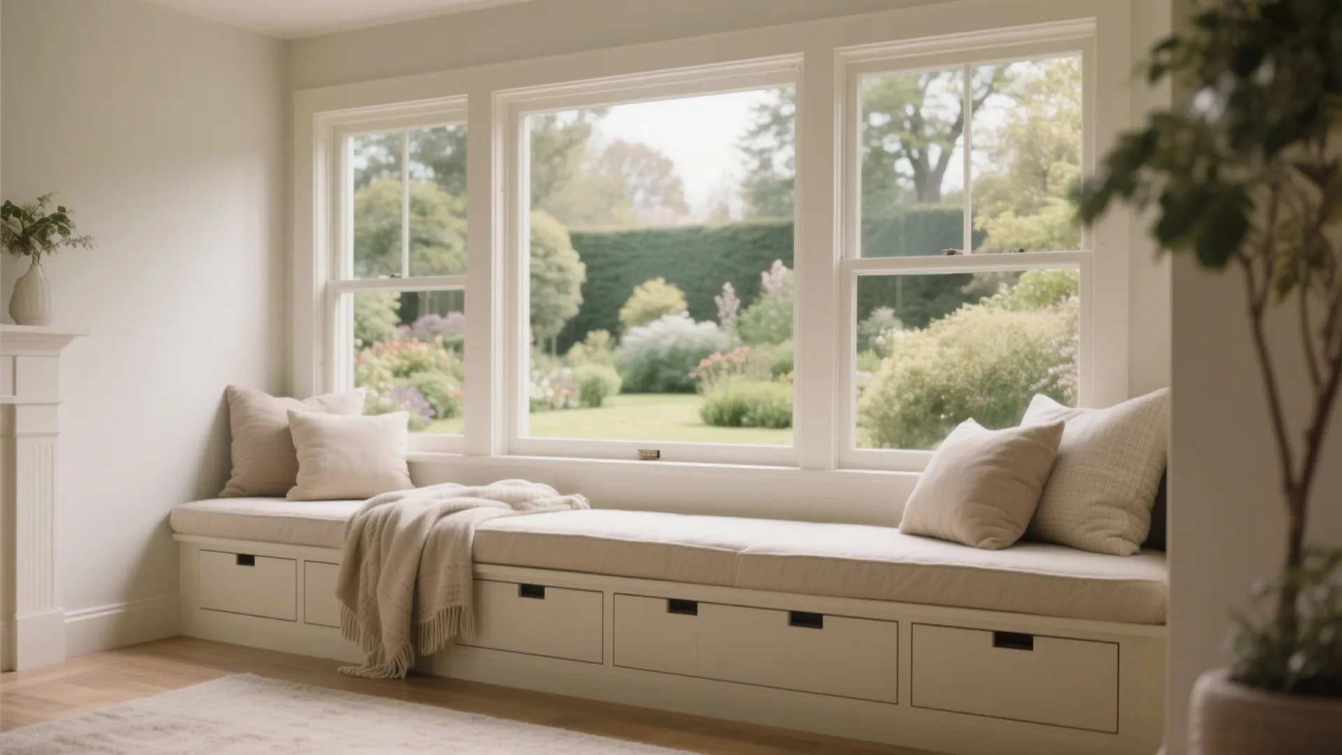 Large white built in window seat with storage drawers and cushions overlooking a green garden