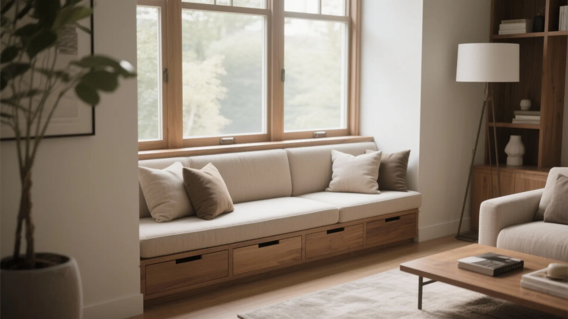 Long window seat with beige cushions, wooden storage drawers, floor lamp, and a coffee table